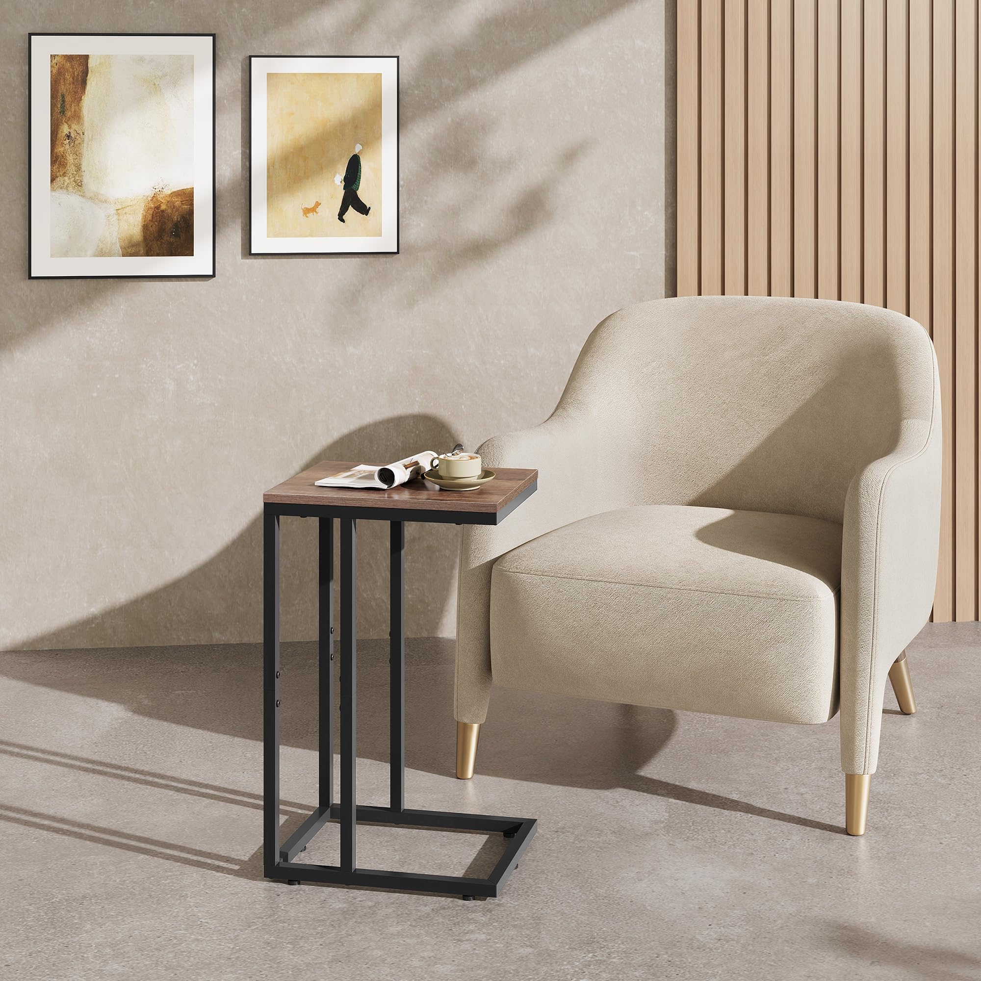 WLIVE C-Shape Side Table with Metal Frame, Brown