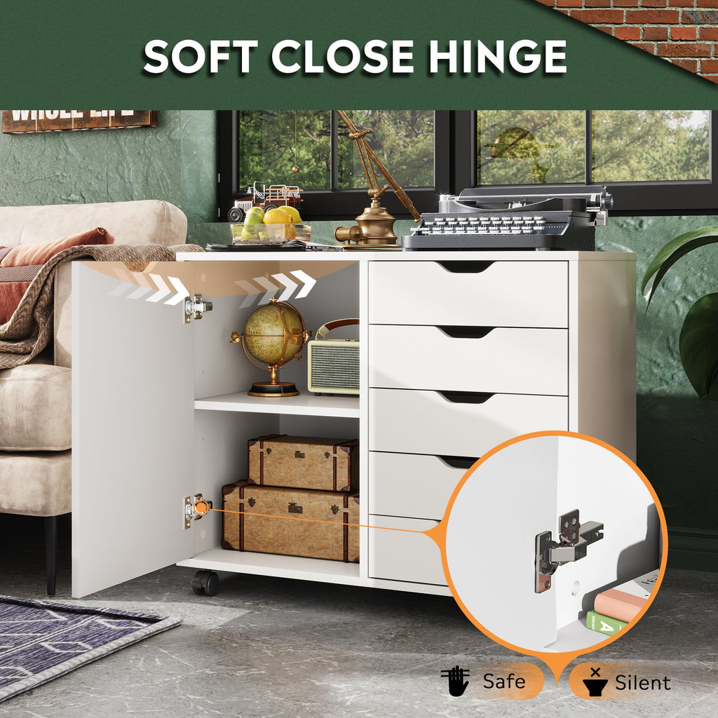 DEVAISE 5-Drawer Wood Cabinet with Adjustable Shelf and Wheels