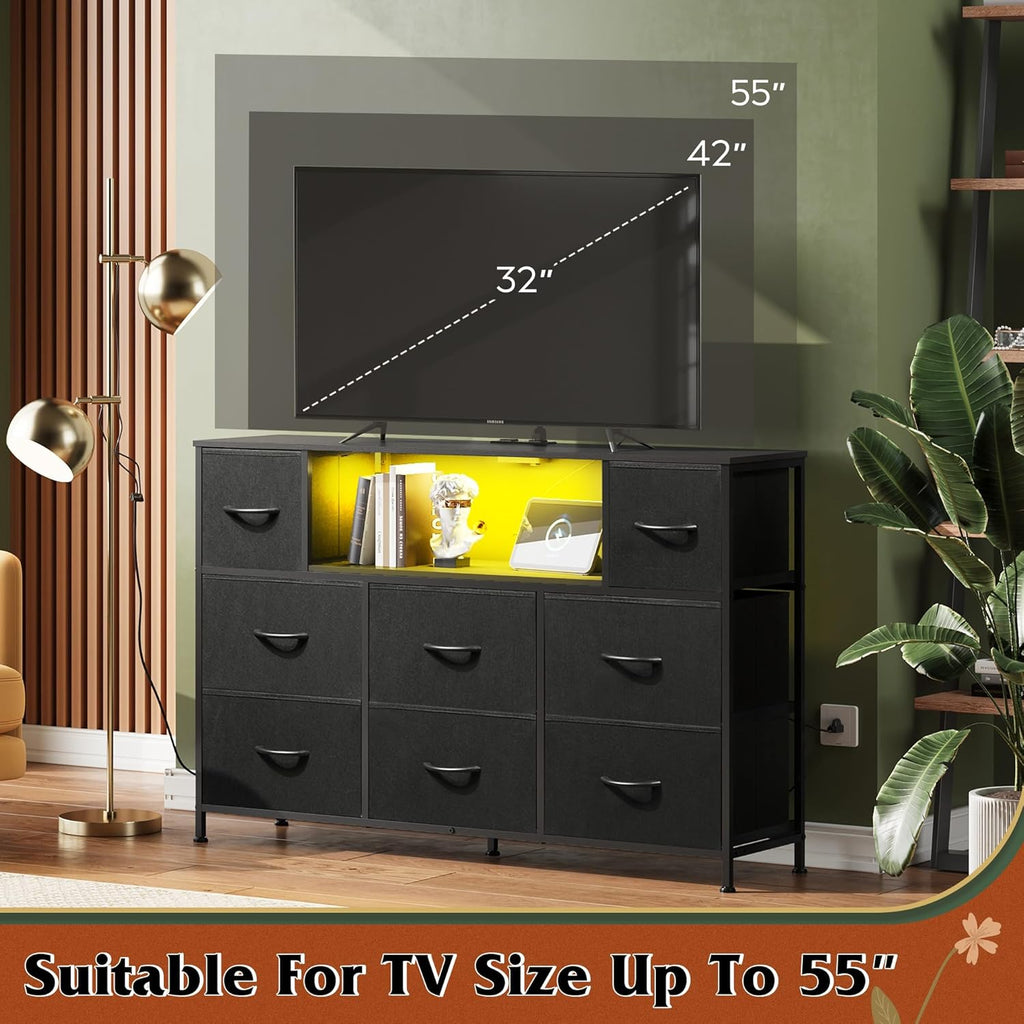 WLIVE Black Dresser TV Stand with LED Lights and Charging Station