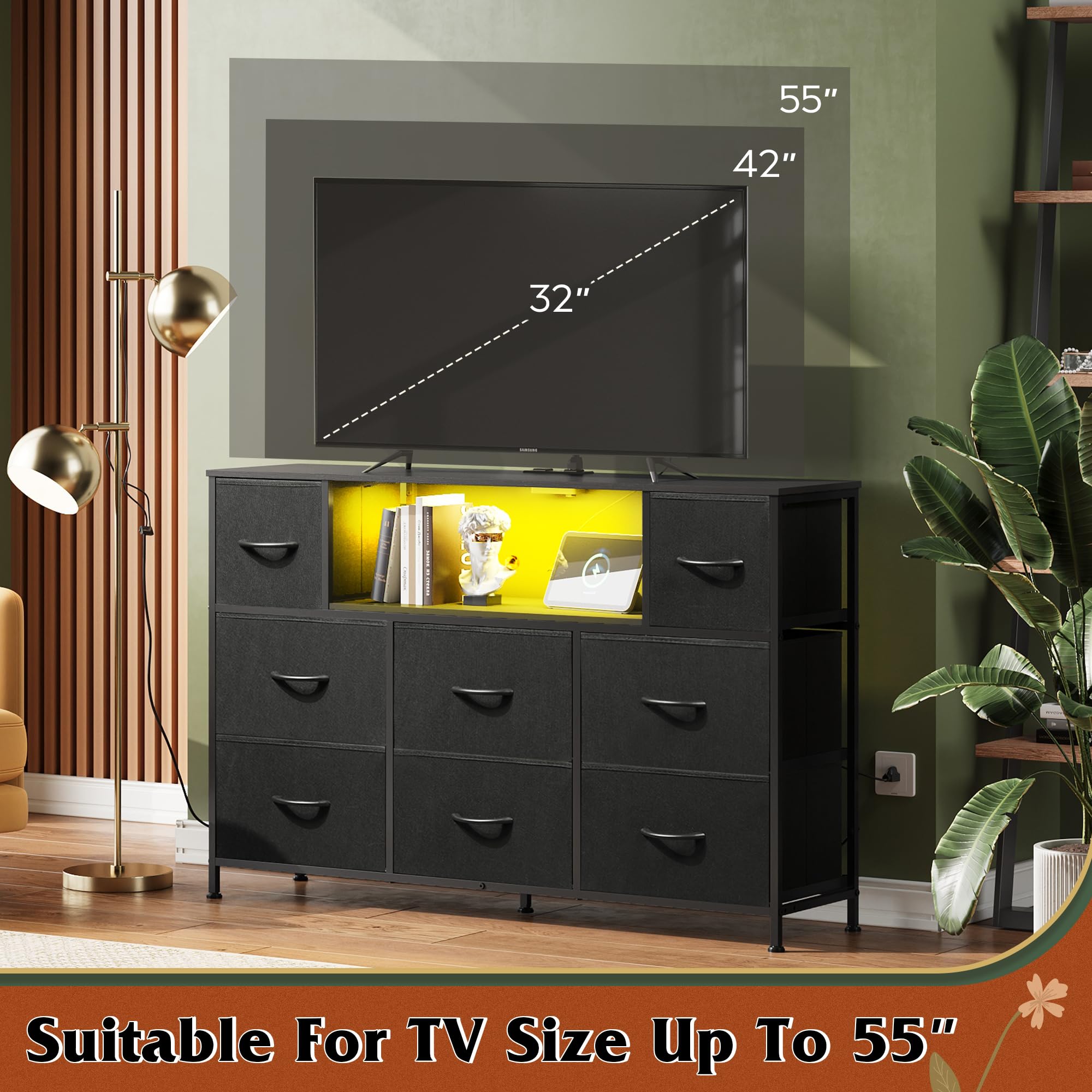 WLIVE Black Dresser TV Stand with LED Lights and Charging Station