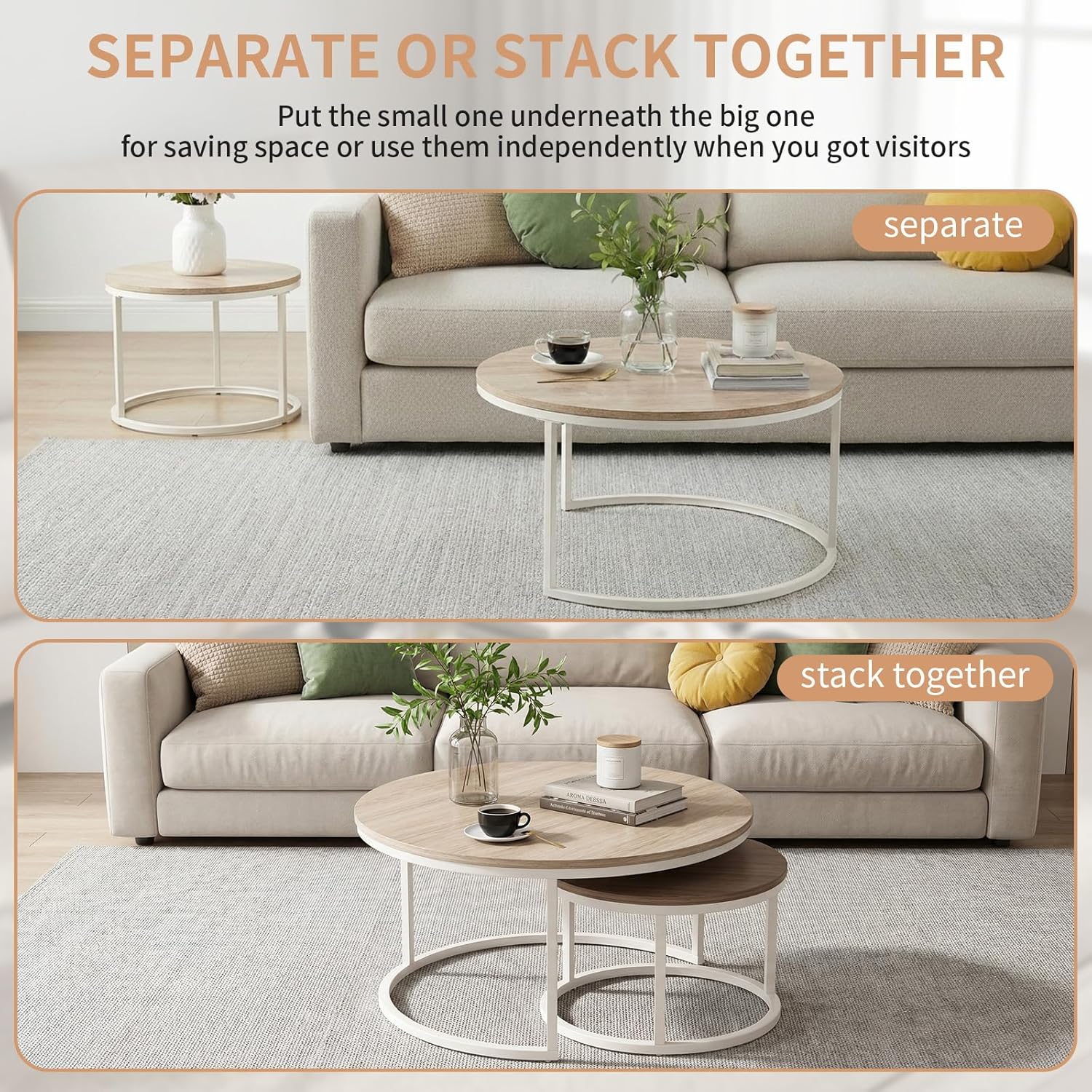 buybyroom Round Coffee Table Set of 2 - Light Oak Nesting Tables