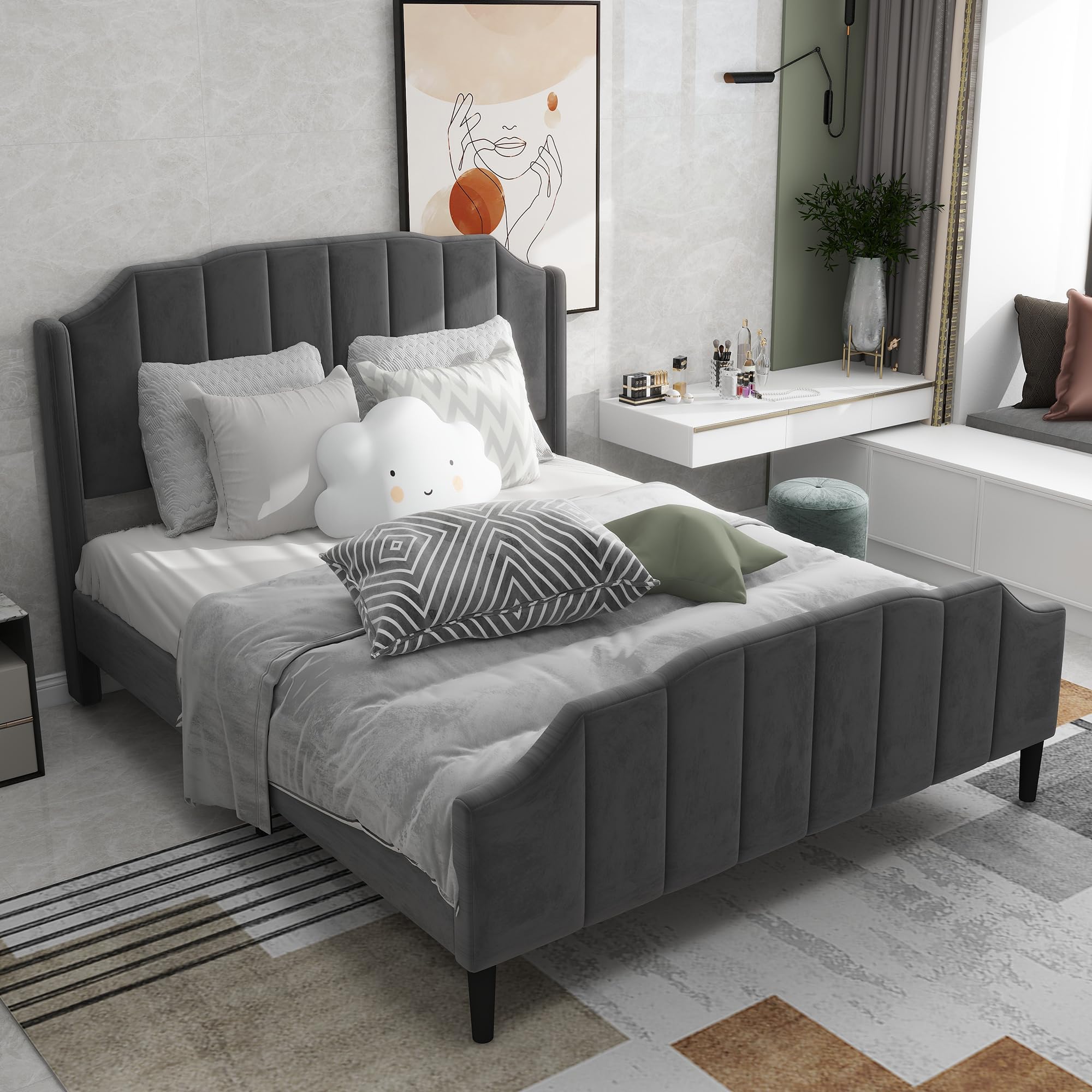 Dalred Grey Upholstered Bed Frame with Velvet Padding