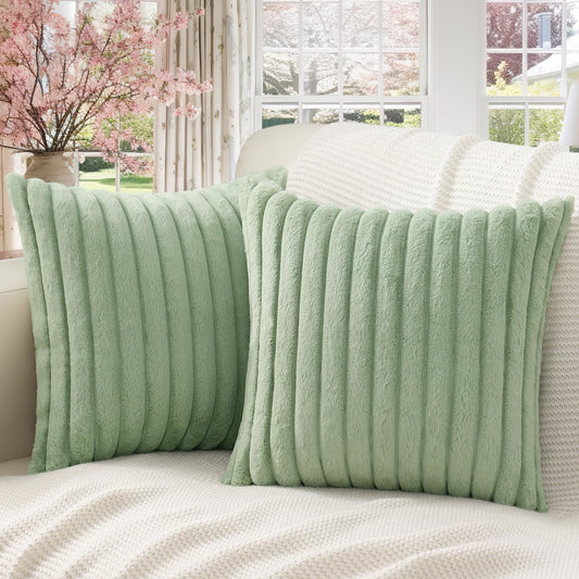 Pallene Faux Fur Plush Throw Pillow Covers 18x18 Set of 2 - Luxury Soft Fluffy Striped Decorative Pillow Covers for Sofa, Couch, Living Room - Sage Green