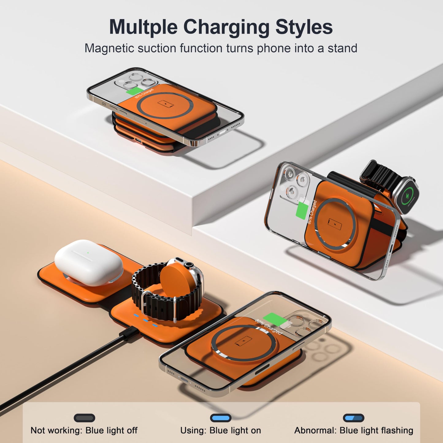 Portable Foldable Magnetic Wireless Charging Station | 3-in-1 Fast Charger for iPhone, Apple Watch & AirPods | Compact & Travel-Friendly Design