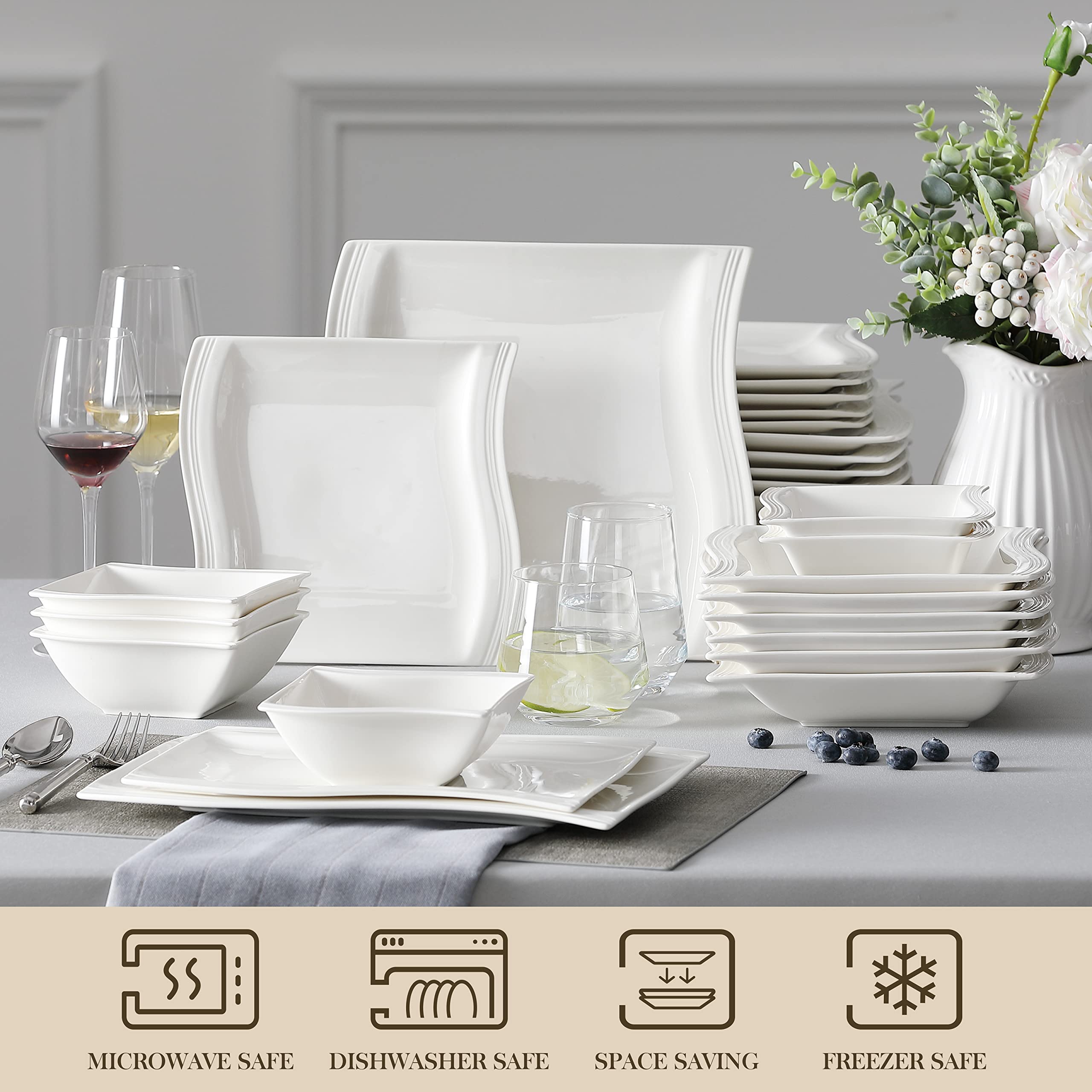 MALACASA 26-Piece Ivory White Porcelain Dinnerware Set Flora