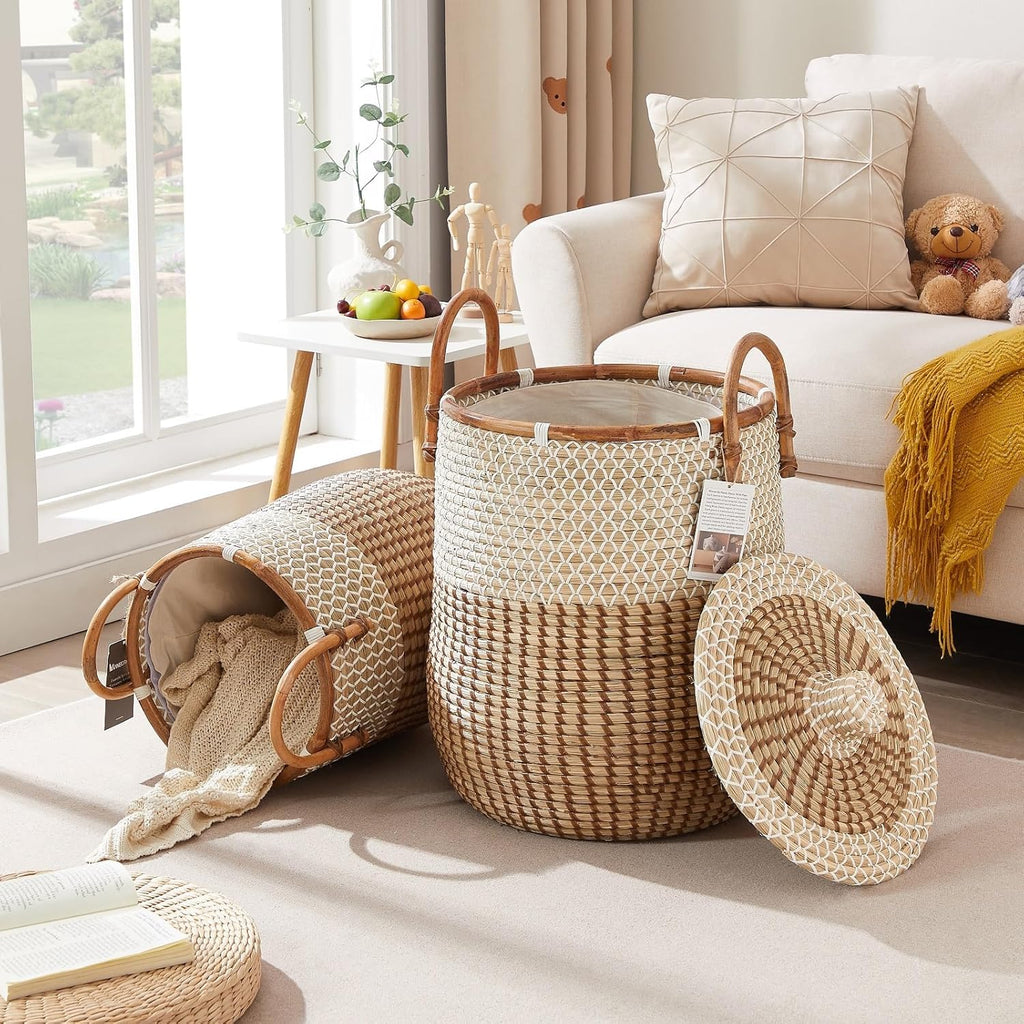 YMing Set of 2 Hand-Woven Seagrass Laundry Hampers with Lid