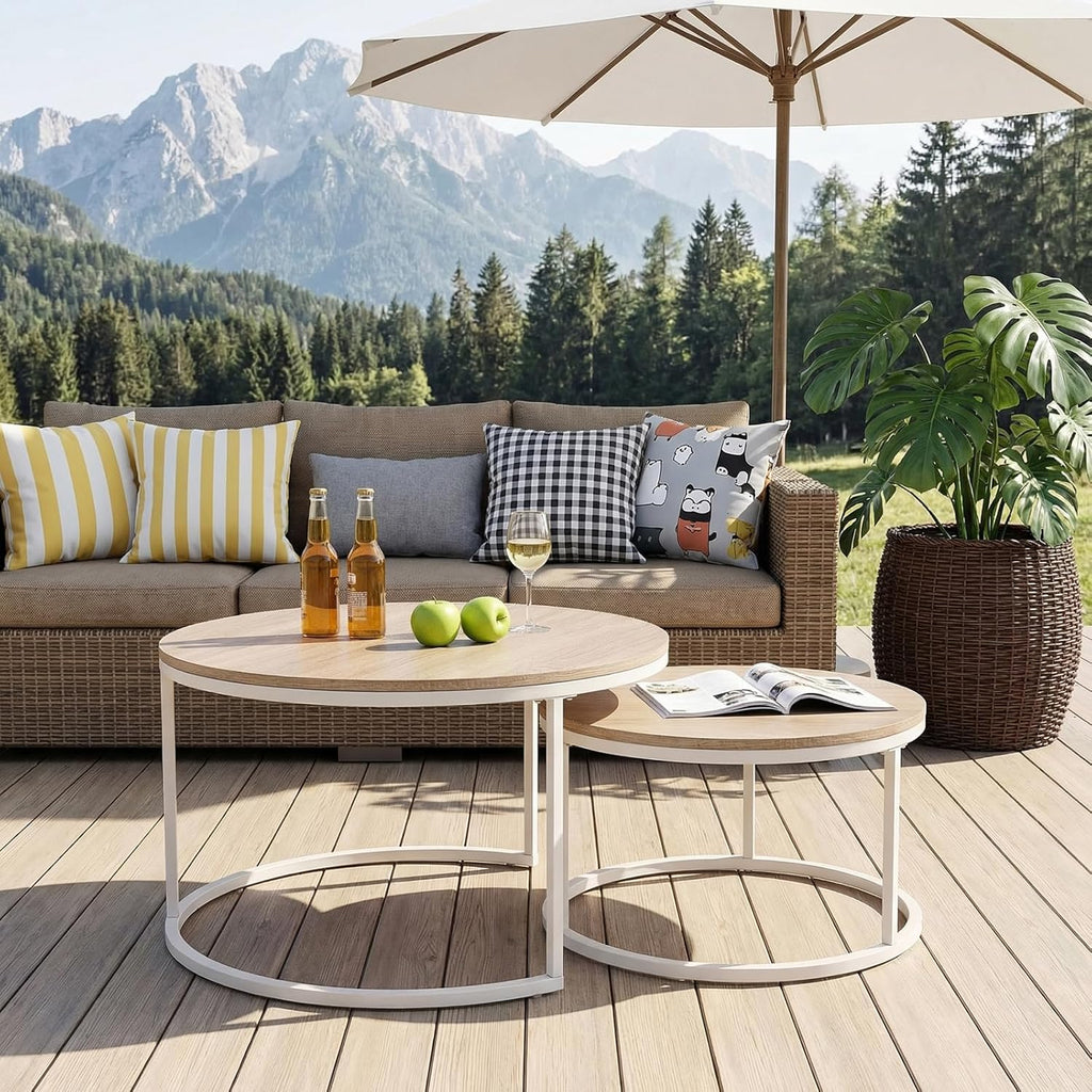 buybyroom Round Coffee Table Set of 2 - Light Oak Nesting Tables