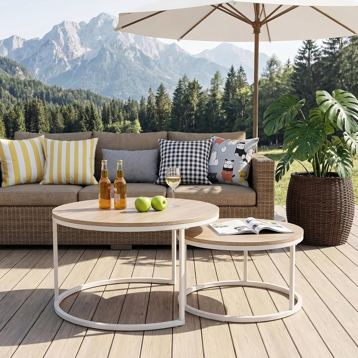 buybyroom Round Coffee Table Set of 2 - Light Oak Nesting Tables