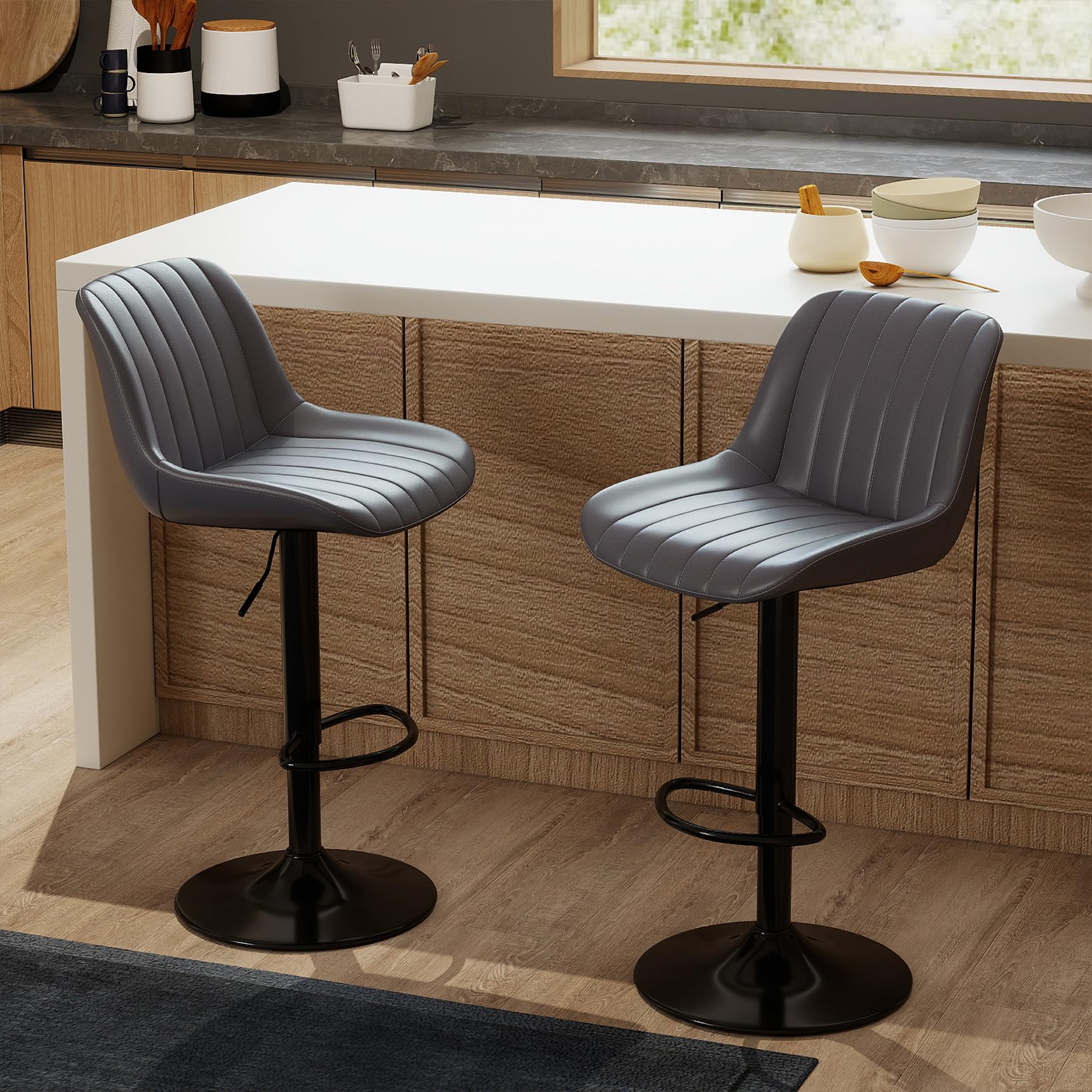 Set of 2 modern Youhauchair bar stools with swivel, adjustable height, and circular base