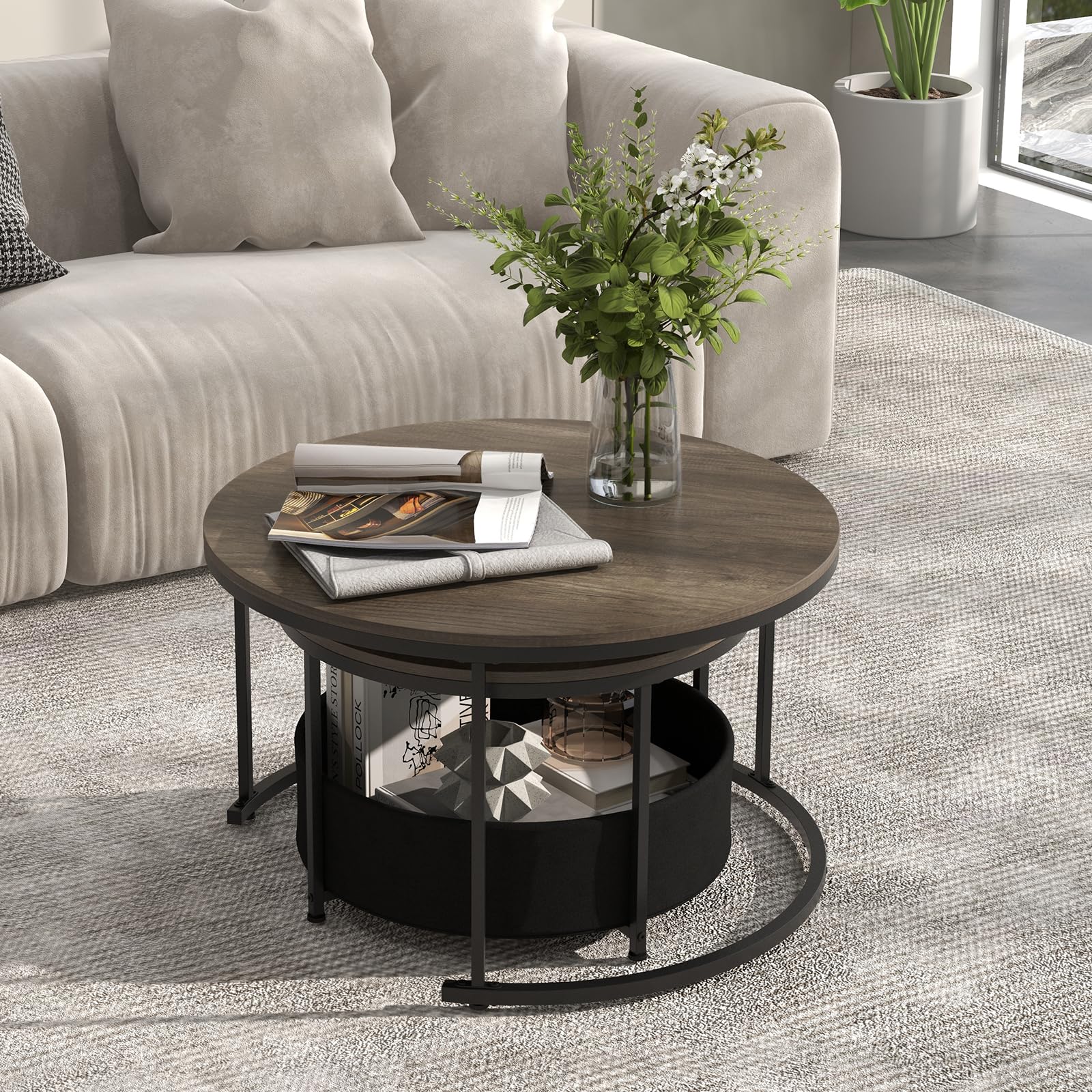COSTWAY Round Nesting Coffee Tables Set with Storage Basket