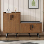 Kelodan modern shoe cabinet with wood grain finish, four storage doors, and asymmetric metal handles