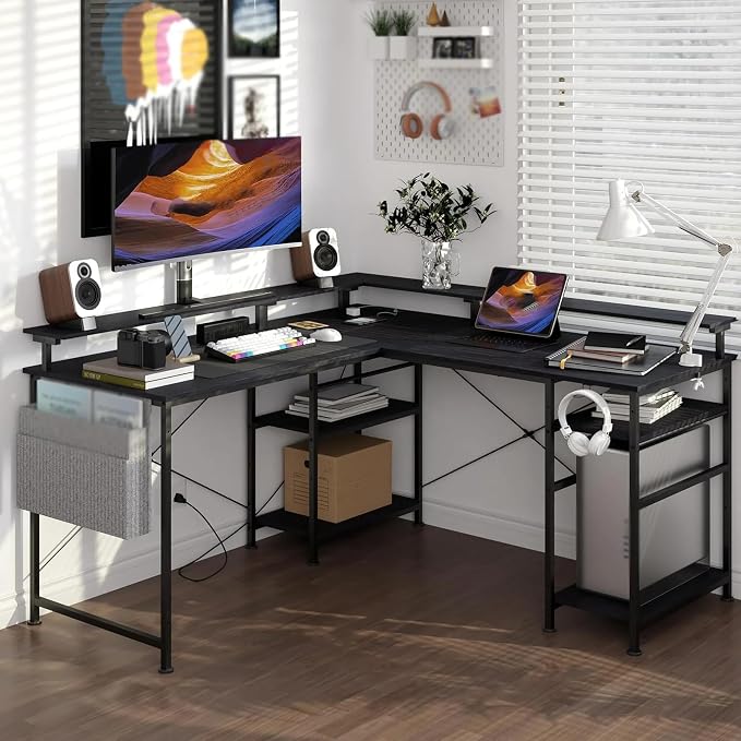 Gaming Desk L-Shaped With LED And Sockets 140 X 140 Cm Corner Desk Reversible Computer Desk With Monitor Shelf 4 Shelves And Side Pockets For Home Office And Office