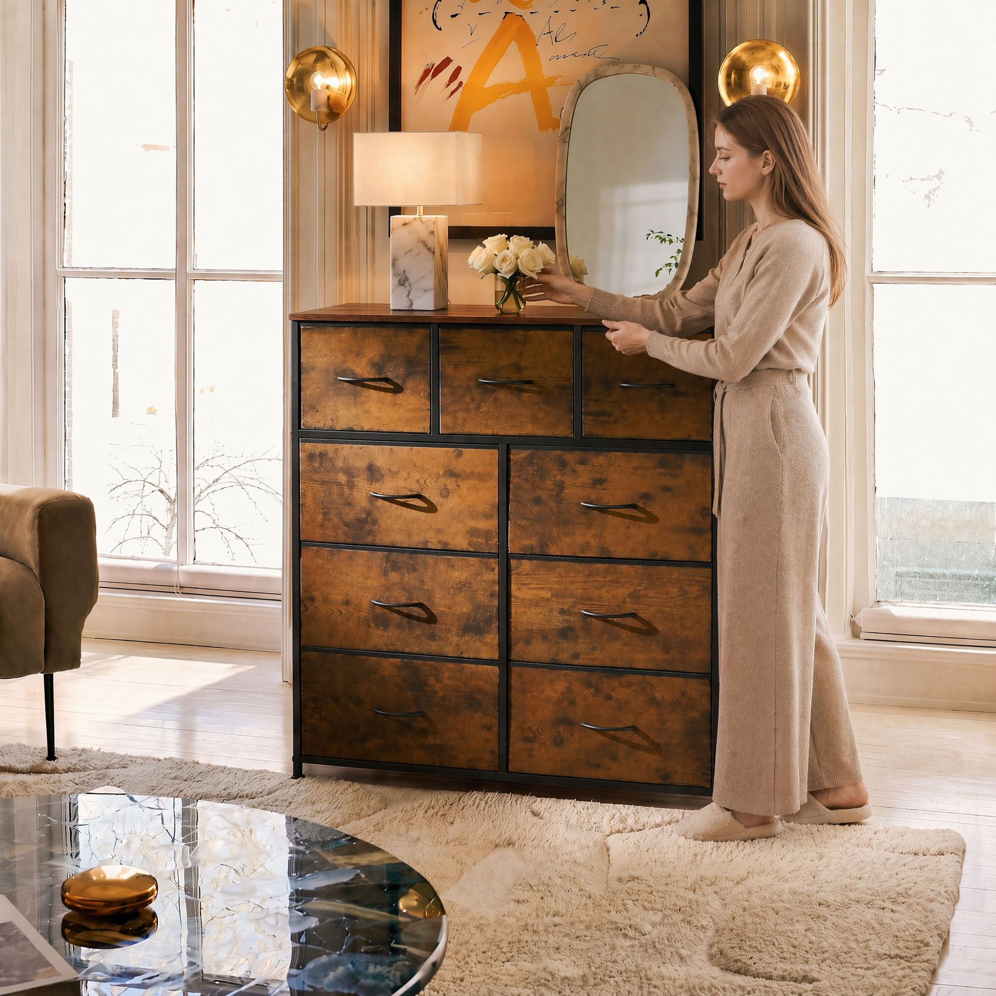 WLIVE 9-Drawer Fabric Storage Tower with Wood Top