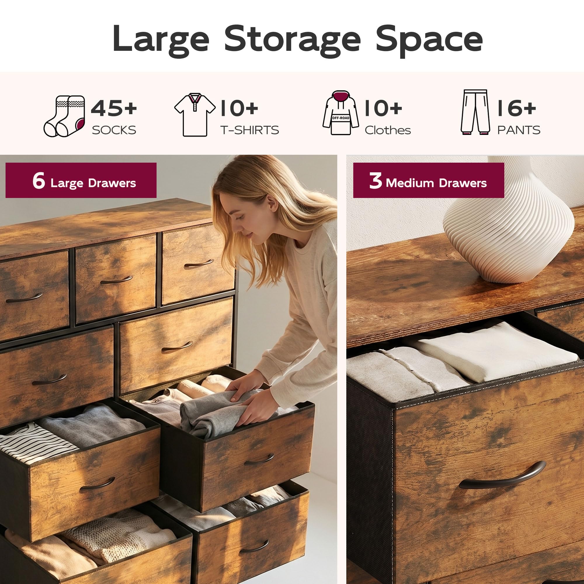 WLIVE 9-Drawer Fabric Storage Tower with Wood Top