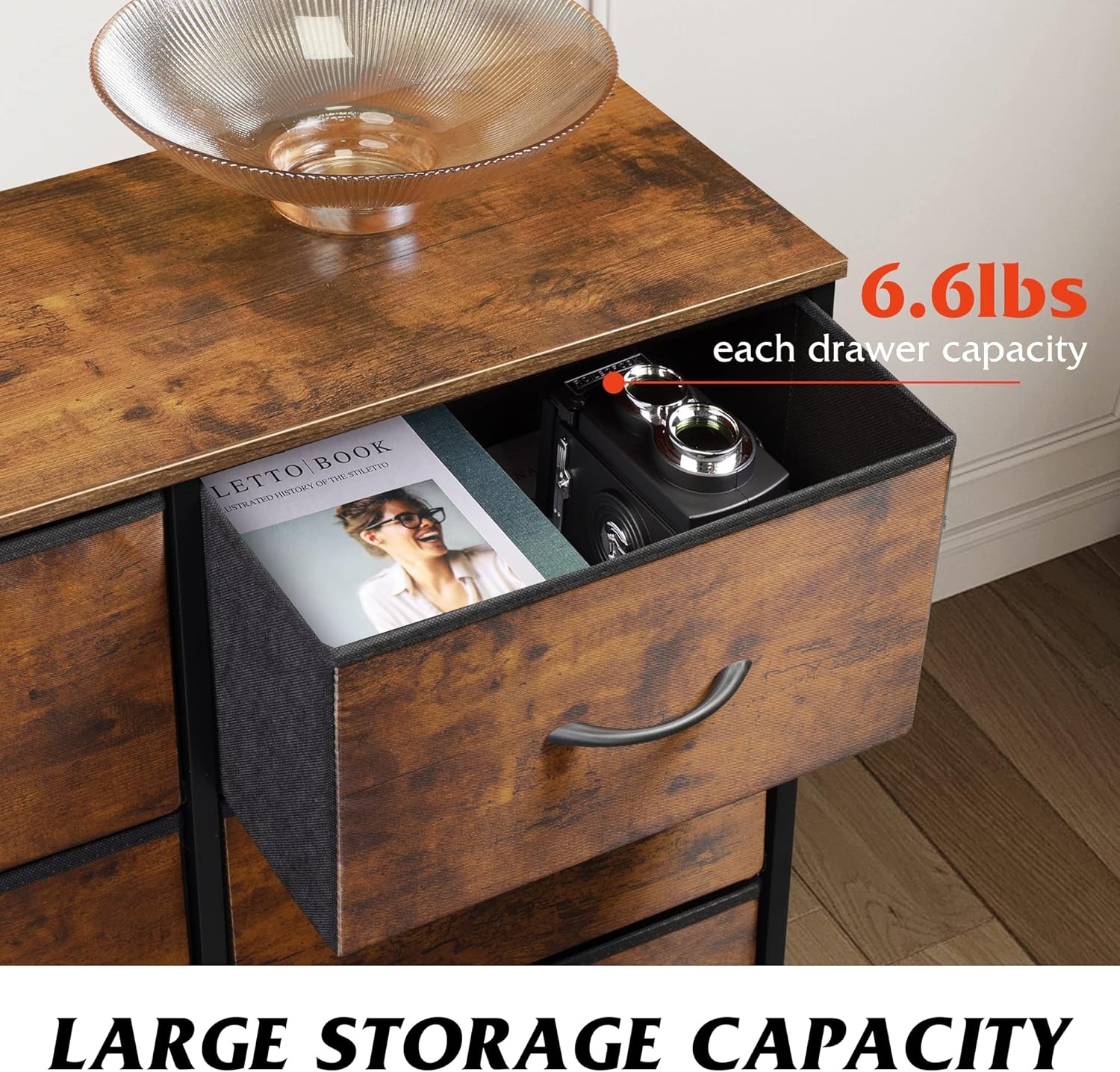 WLIVE 6-Drawer Fabric Dresser - Rustic Brown Wood Grain
