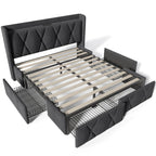 Huyuee Upholstered Bed with Charging Port and Four Drawers in Linen Grey