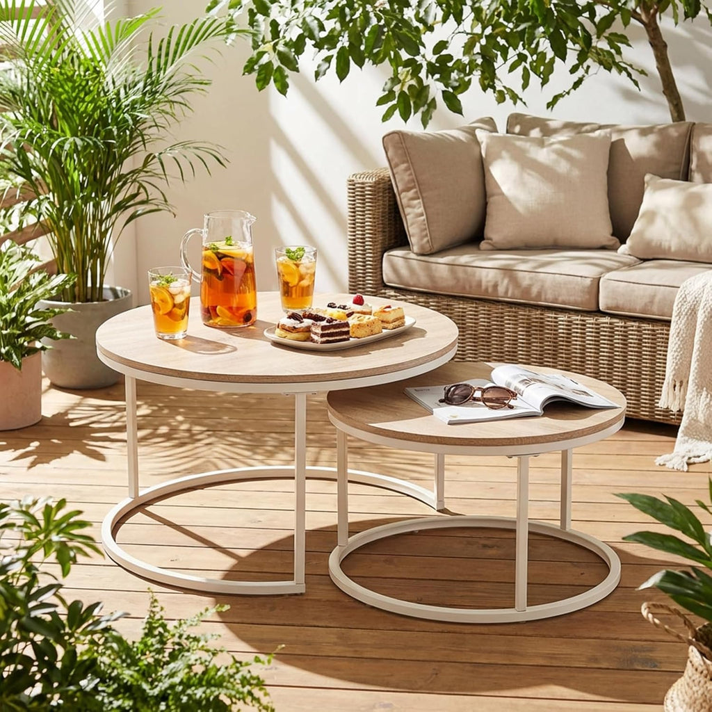 buybyroom Round Coffee Table Set of 2 - Light Oak Nesting Tables