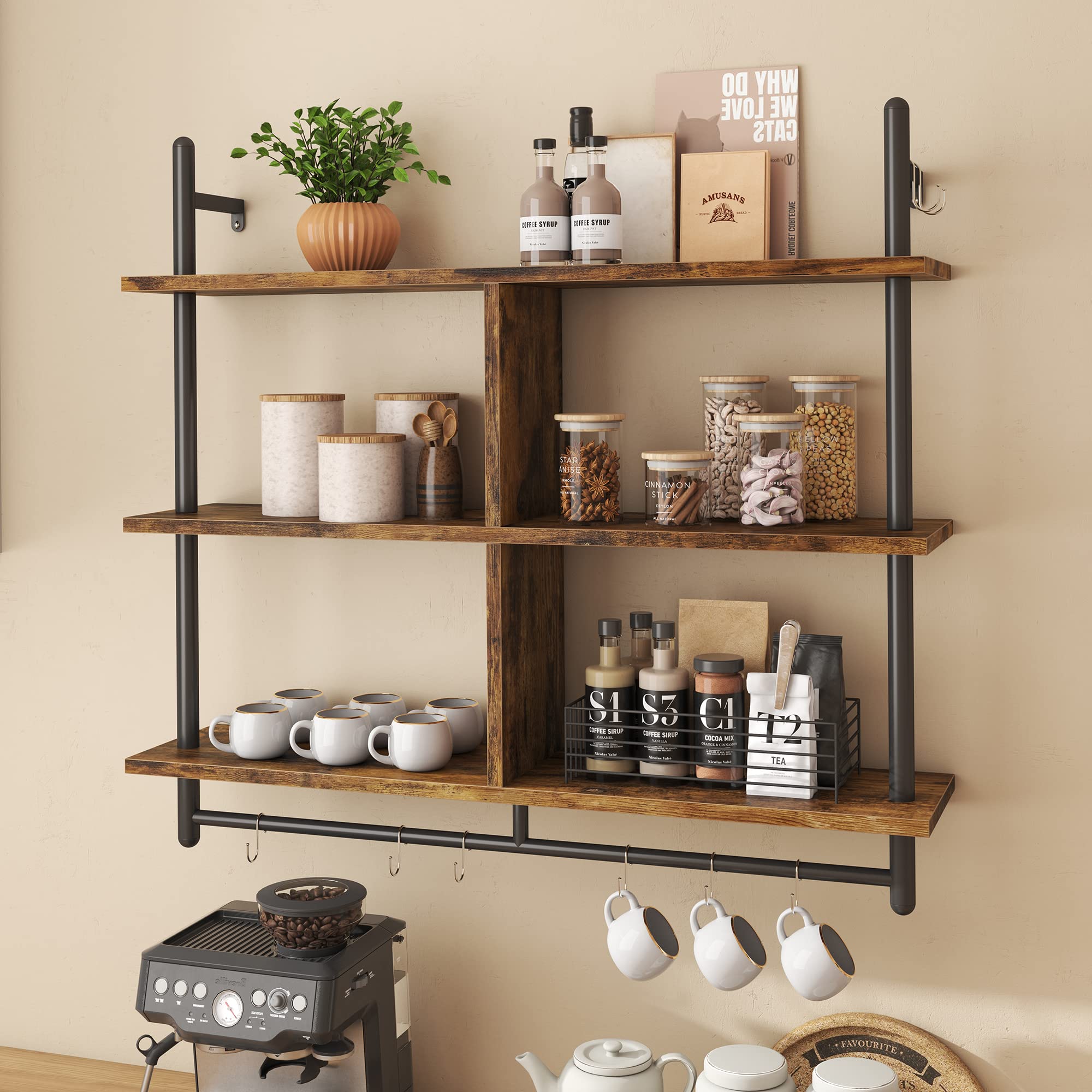 Bestier 3 Tier Floating Pipe Shelving with wooden boards and vintage pipes for home decor