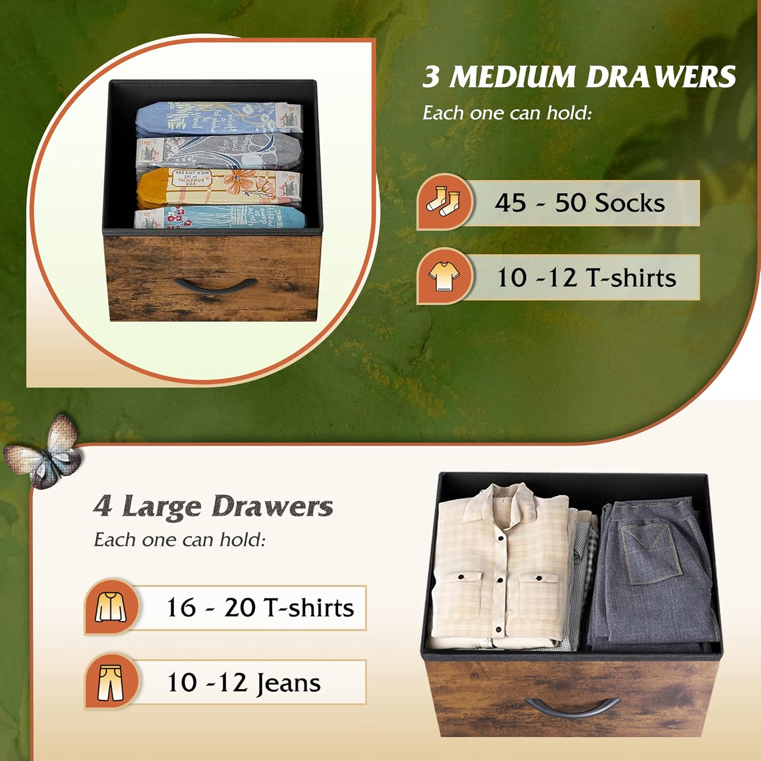 WLIVE 7 Drawer Dresser TV Stand - Rustic Brown Wood Grain Print