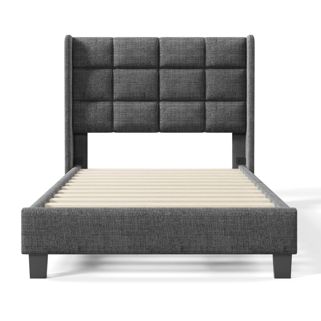Merax Grey Upholstered Bed with Slatted Base