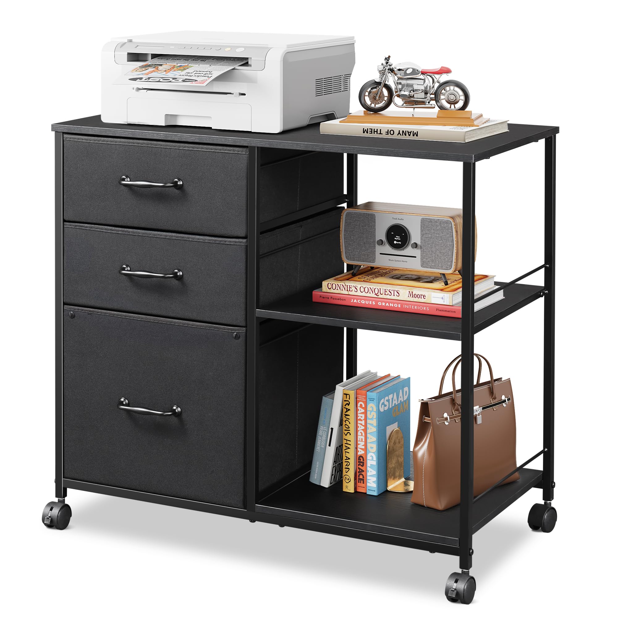 Devaise 3 drawer mobile file cabinet with open storage shelf and rolling printer stand