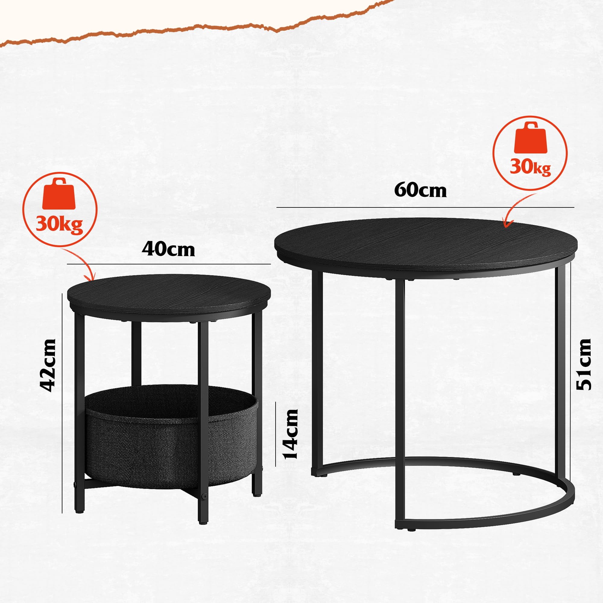 WLIVE Round Coffee Table Set with Storage, Black Metal Frame