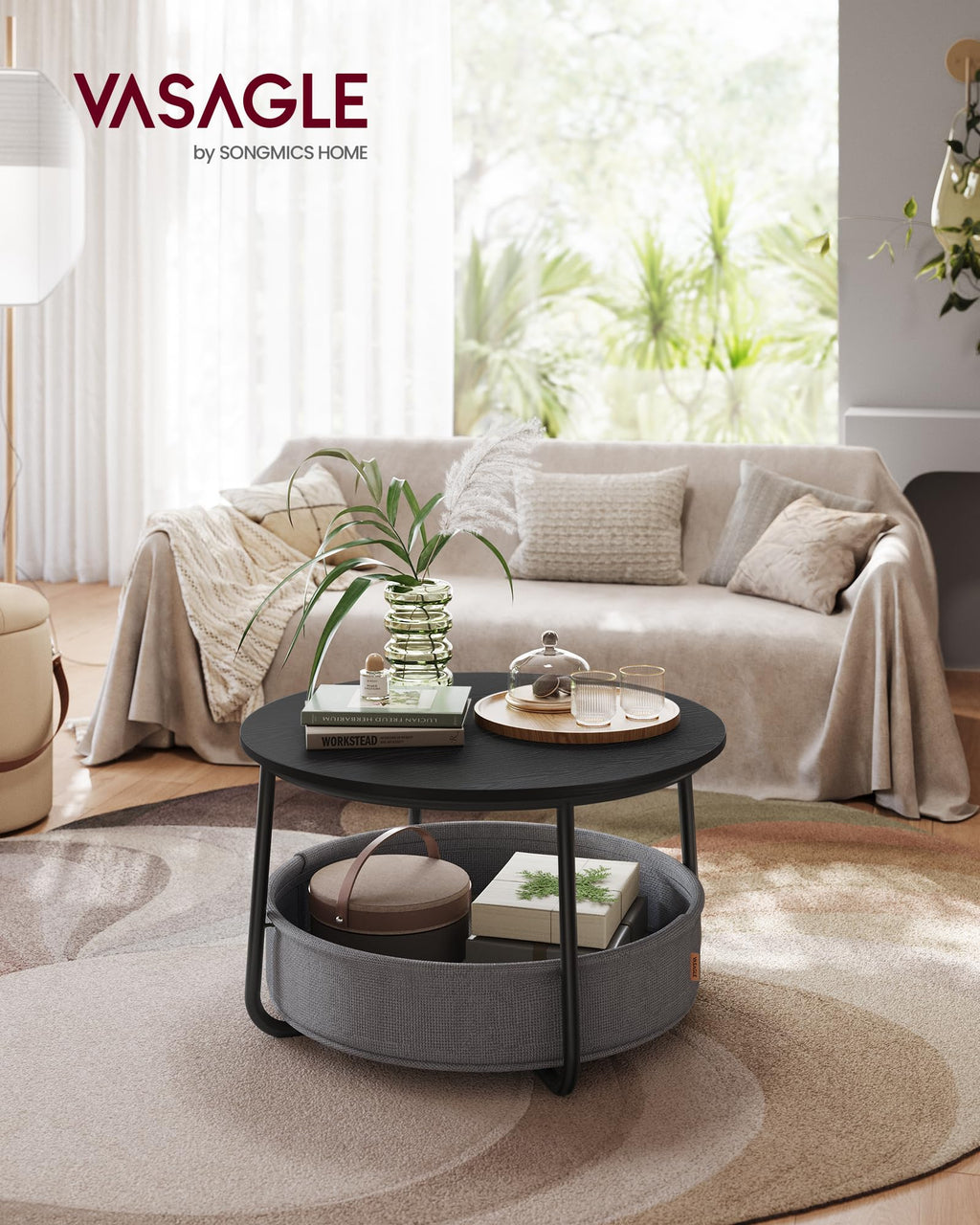 VASAGLE Modern Round Coffee Table with Storage Basket
