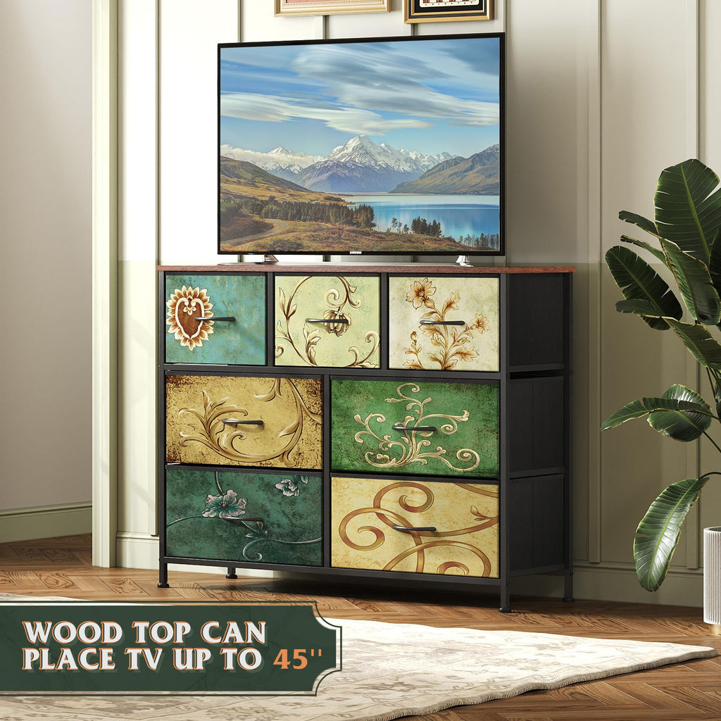 WLIVE 7 Drawer Dresser TV Stand with Metal Frame and Wood Top