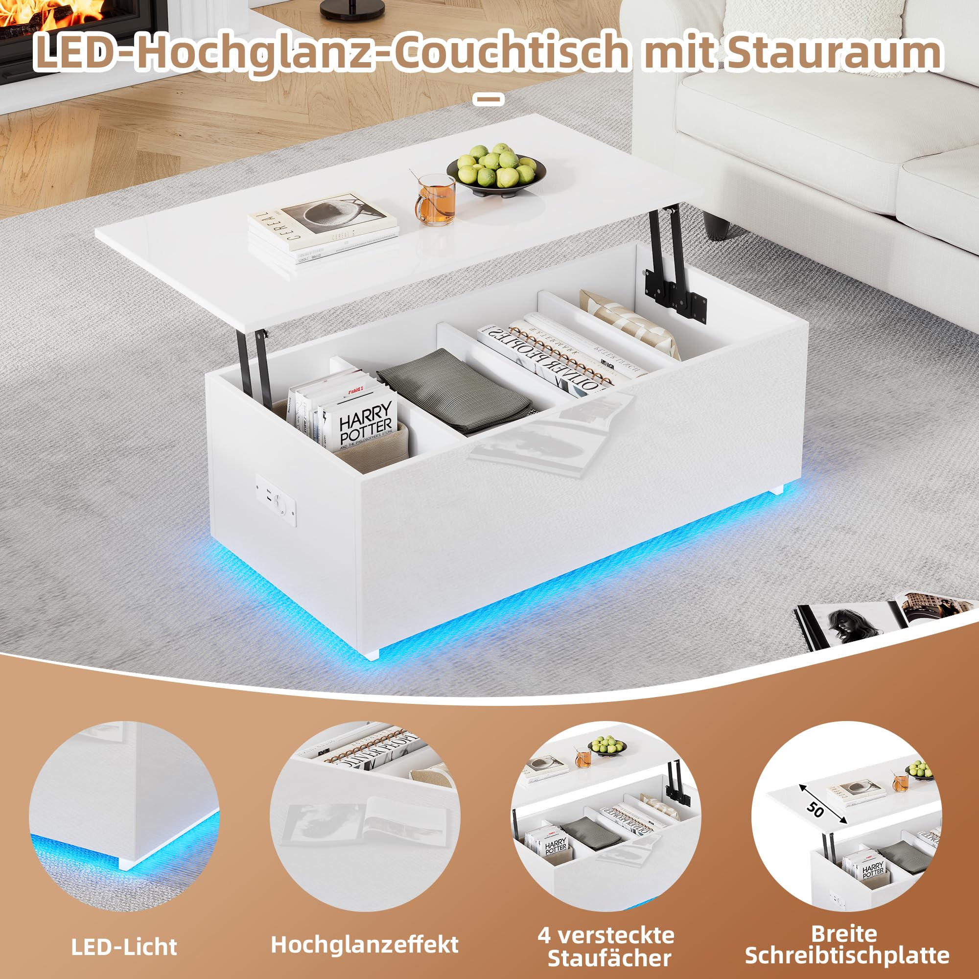 TIANG LED Coffee Table with Lifting Function and Storage