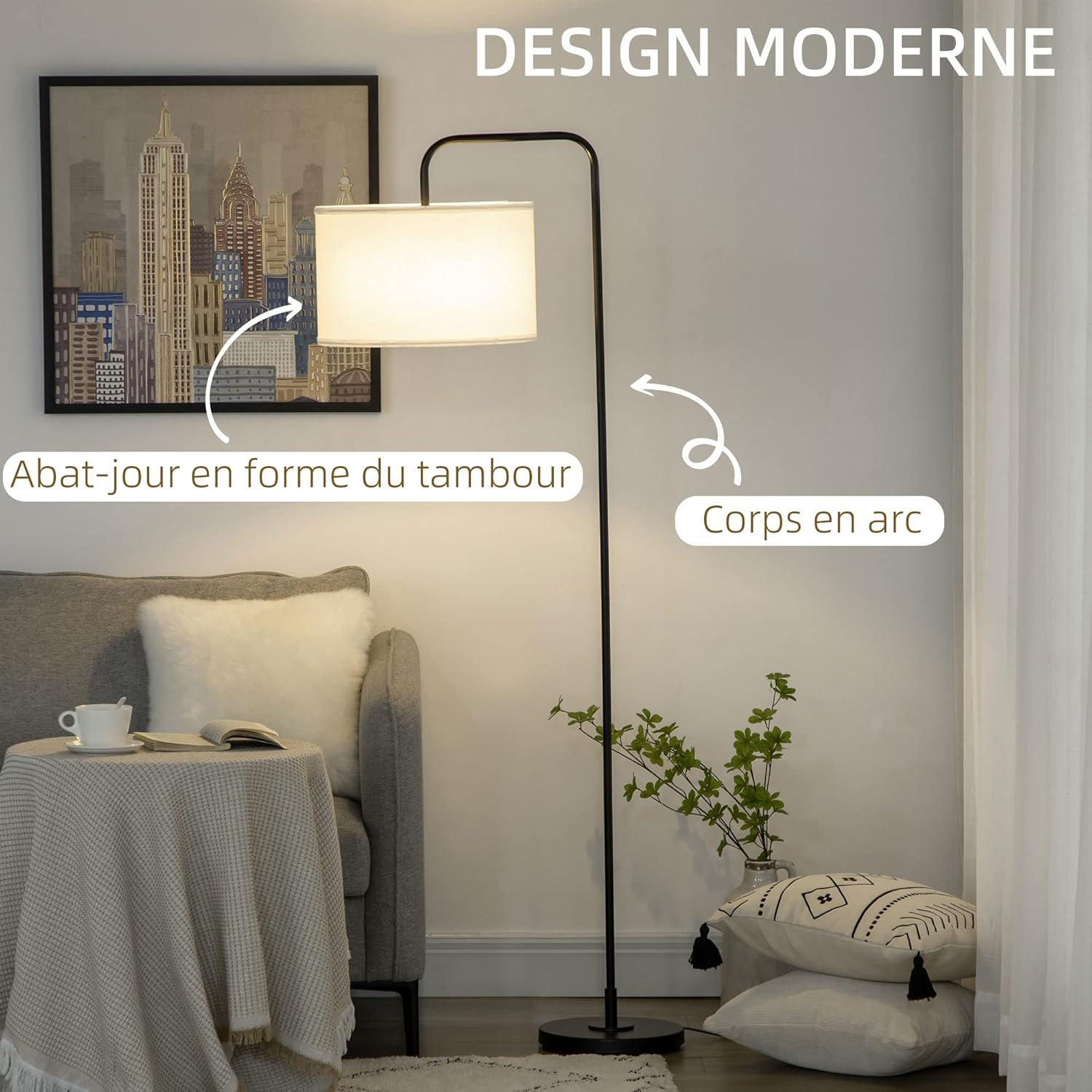 HOMCOM Modern Black Metal Floor Lamp - Black Metal
