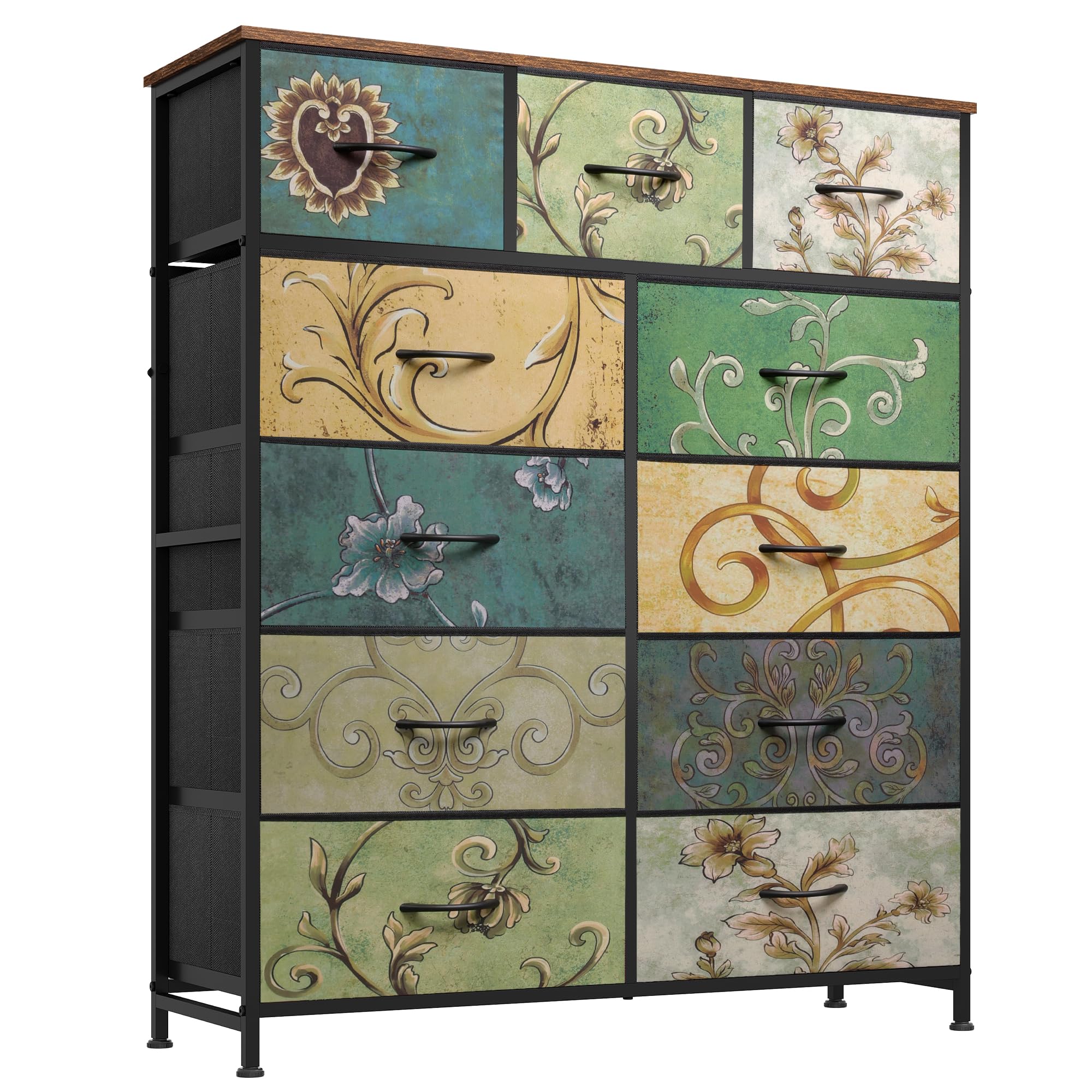 Vintage WLIVE tall dresser with 11 fabric drawers and a floral painted wood top