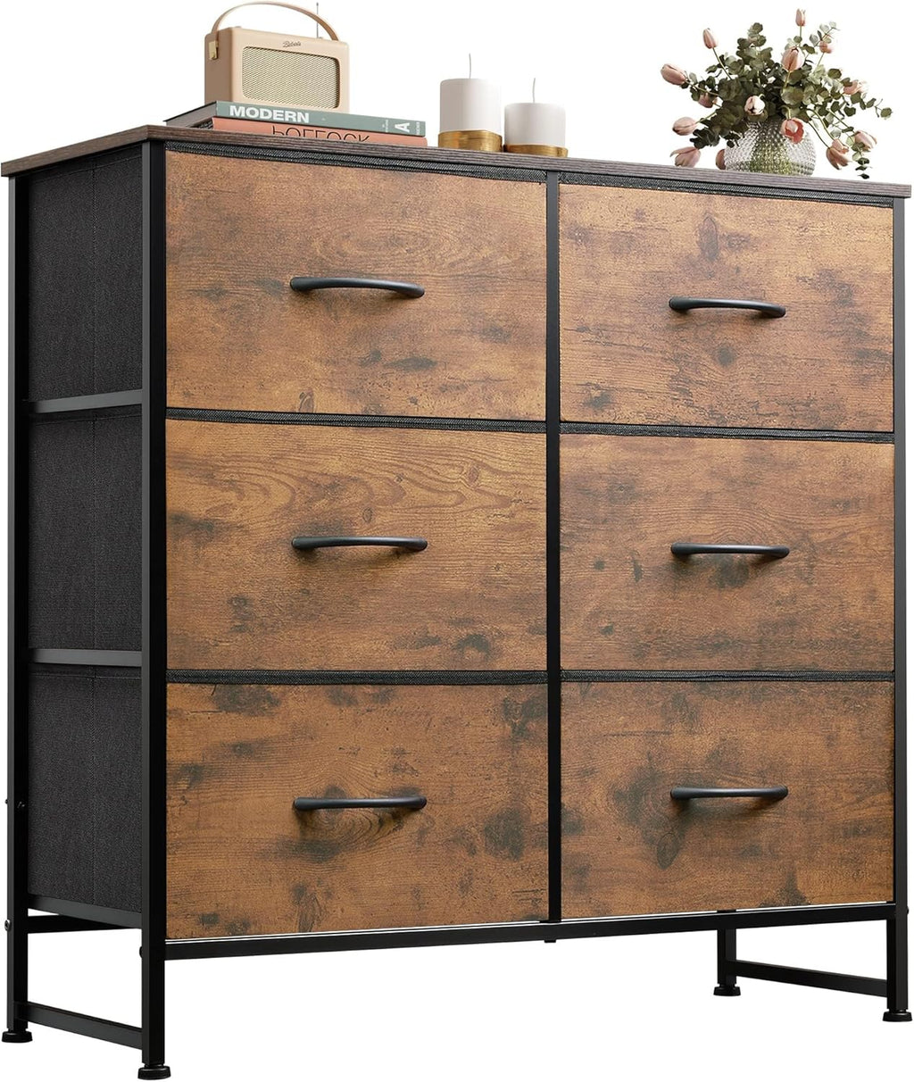 WLIVE 6-Drawer Fabric Dresser - Rustic Brown Wood Grain