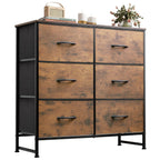 WLIVE 6-drawer dresser with rustic brown wood grain print fabric and metal frame