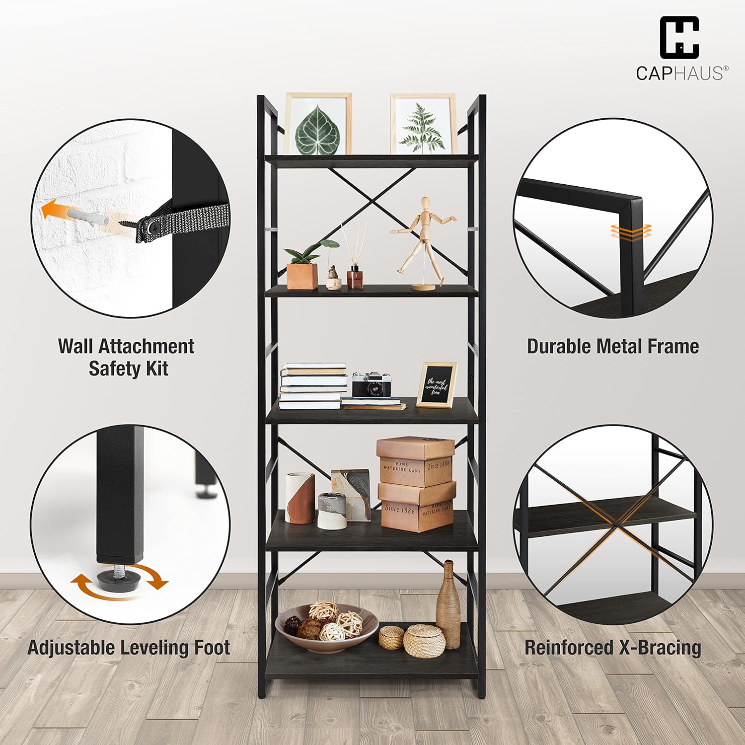 CAPHAUS 5 Tier Bookshelf - Black Vintage Shelves