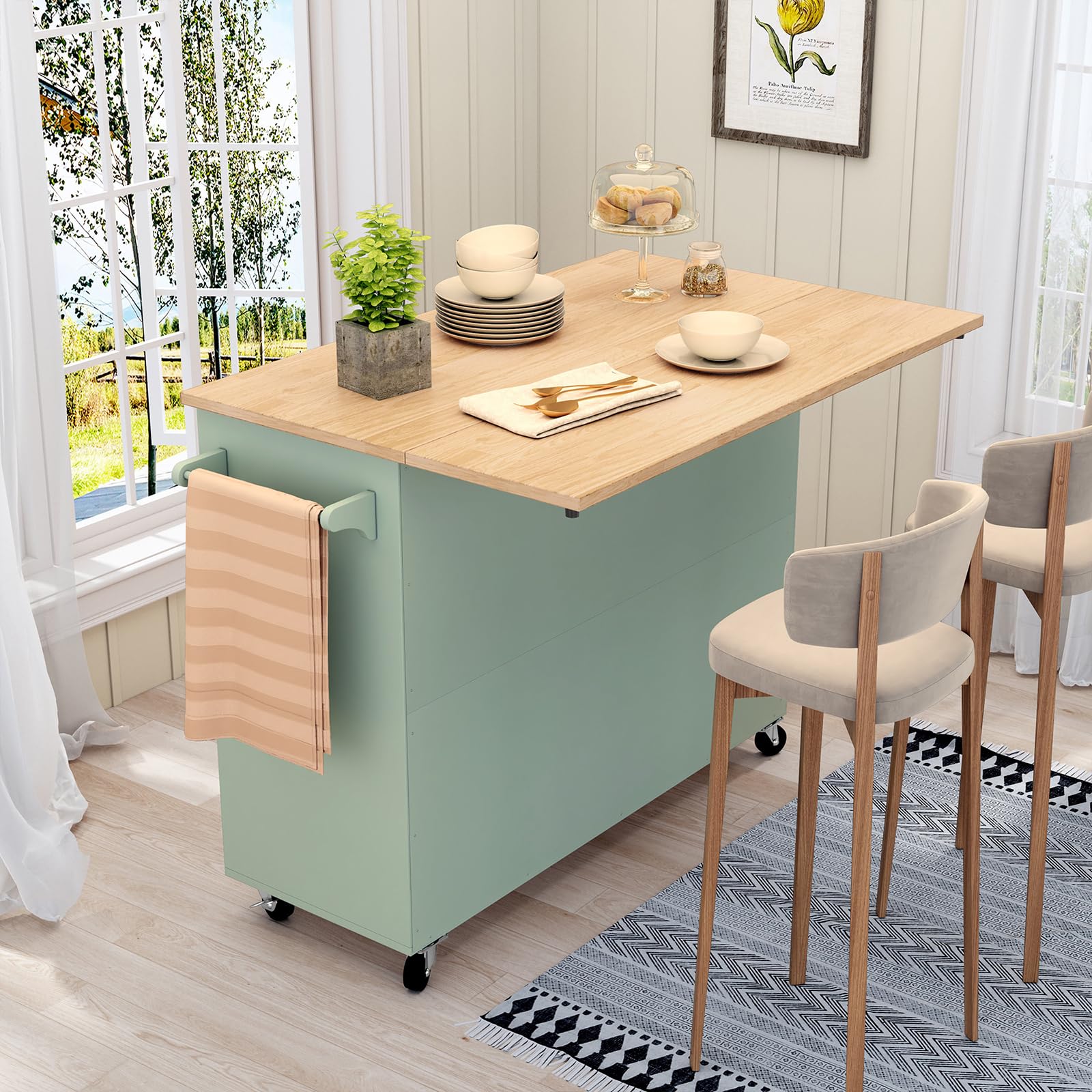 HLR Sage Green Rolling Kitchen Island with Storage