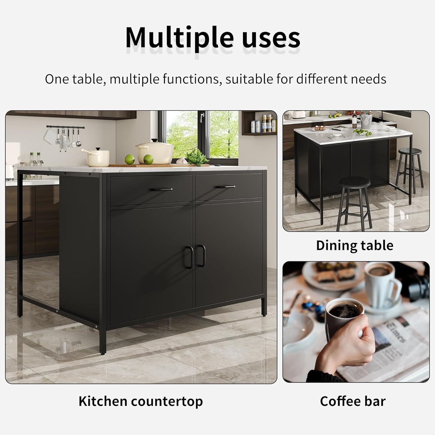 Azkoeesy High Table with 2 Drawers and Doors - Black