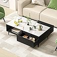 BTM Modern Rectangular Coffee Table with Two Wooden Drawers, Glossy Imitation Marble Tabletop, White