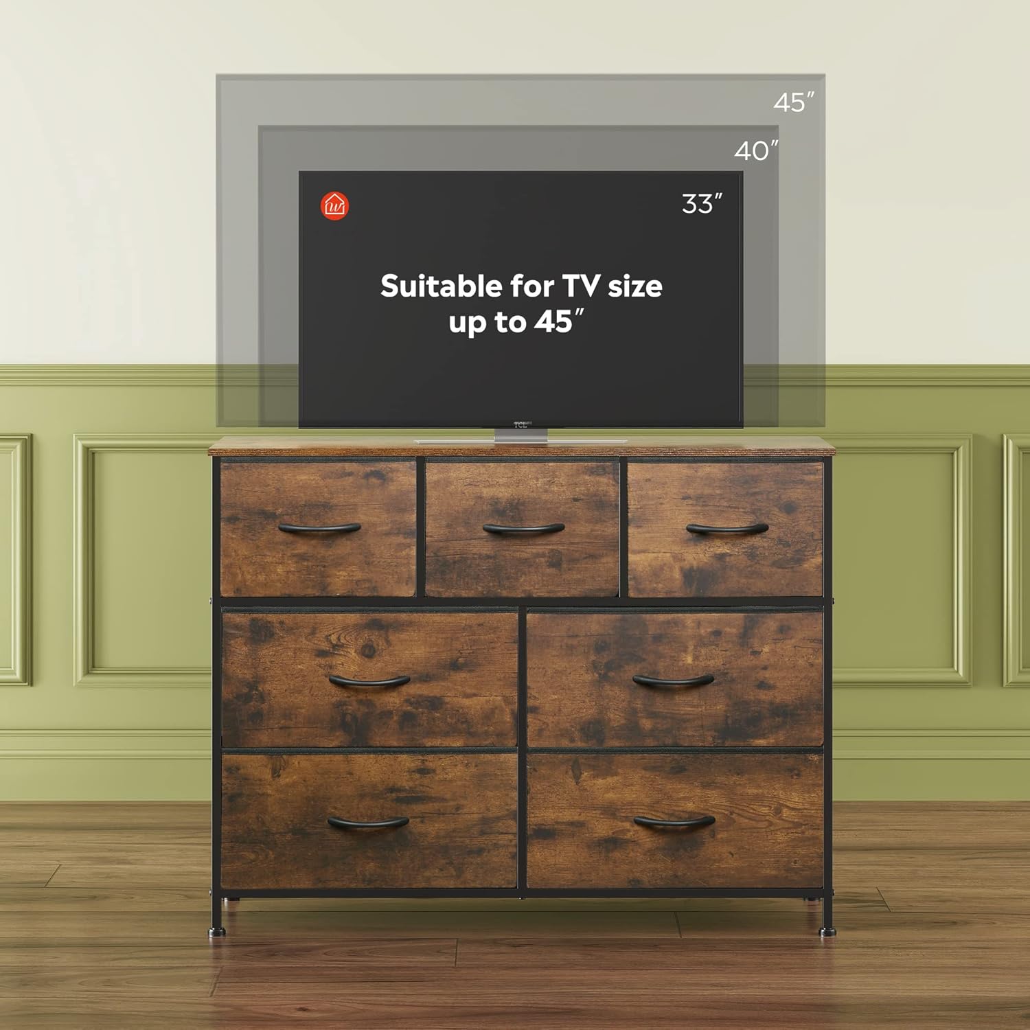 WLIVE 7 Drawer Dresser TV Stand - Rustic Brown Wood Grain Print