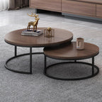 Round nesting coffee tables with walnut wood desktop and metal legs by Luck Live