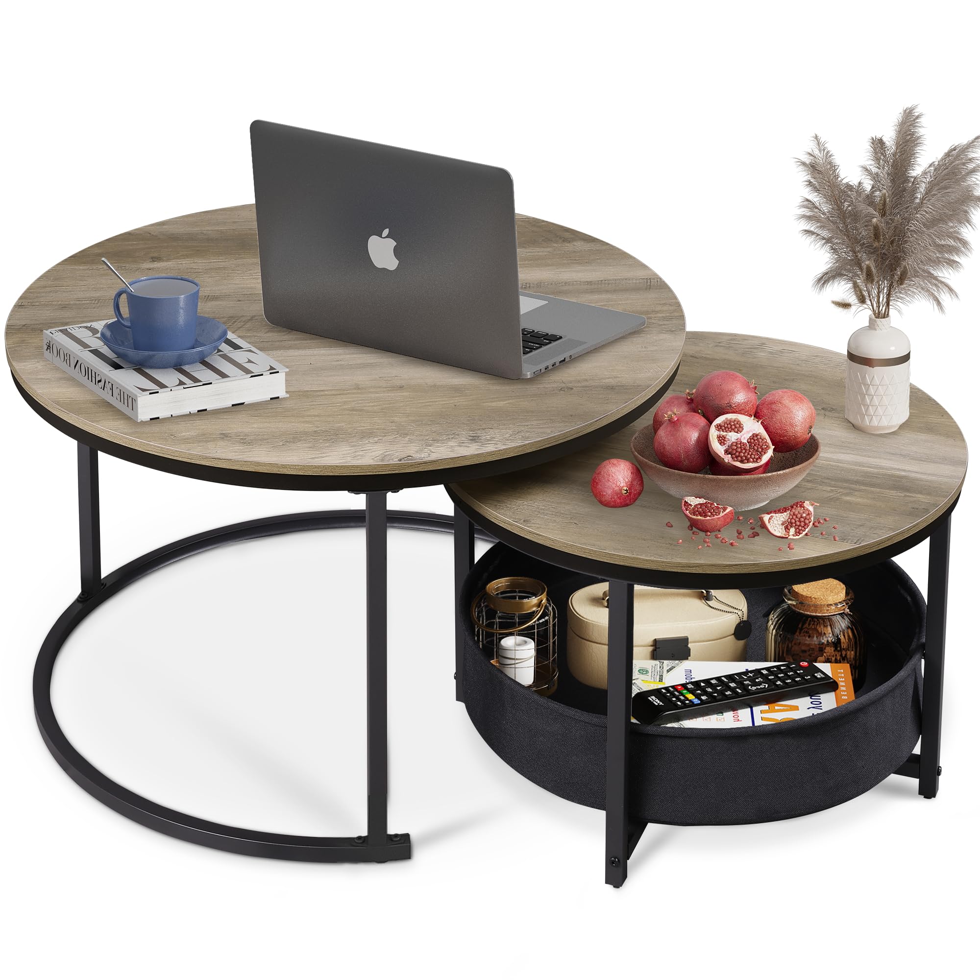 WLIVE modern coffee table set with grey oak finish and fabric storage baskets