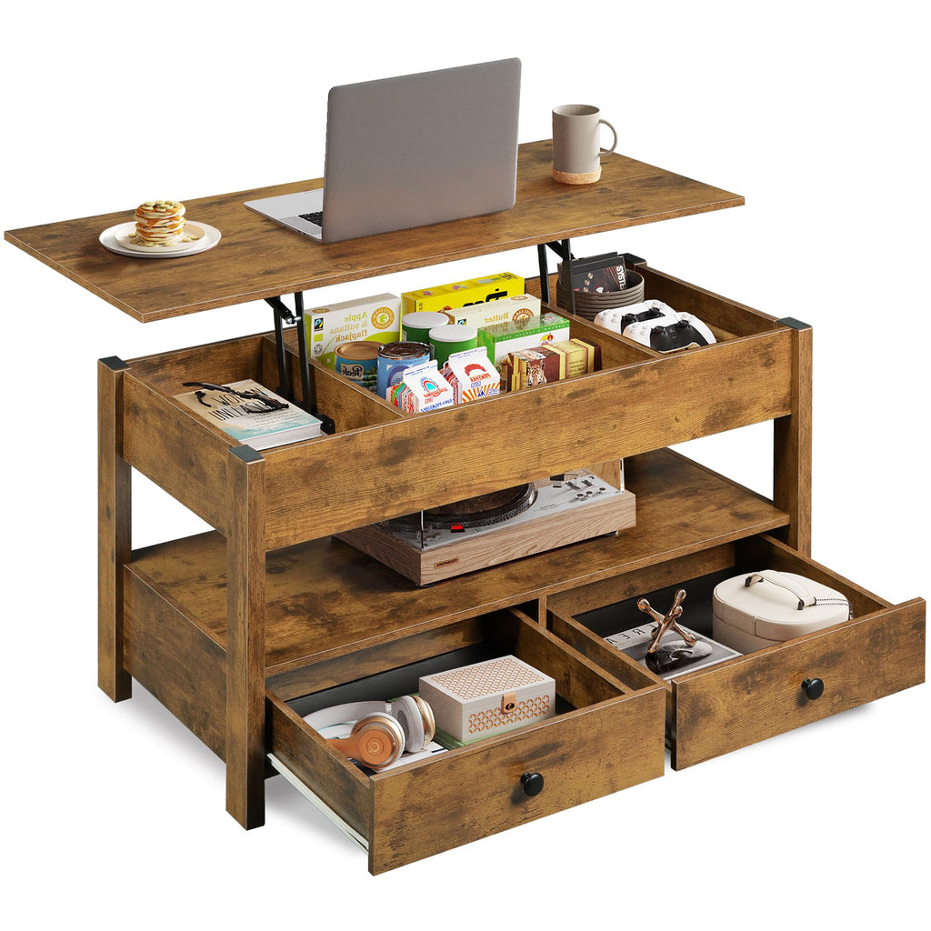 WLIVE 100cm brown lift up coffee table with 2 drawers and open shelf