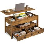 WLIVE 100cm brown lift up coffee table with 2 drawers and open shelf