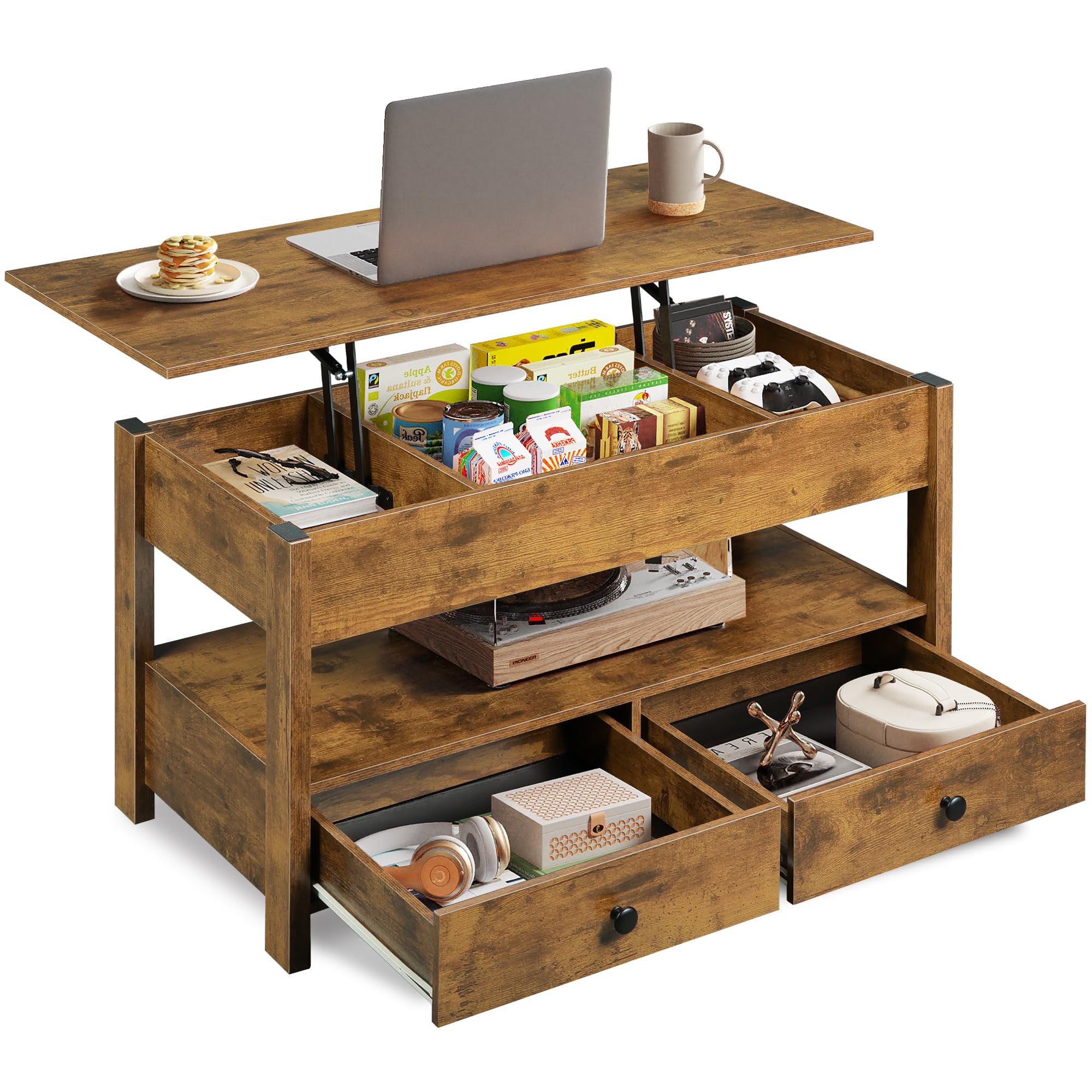 WLIVE 100cm brown lift up coffee table with 2 drawers and open shelf