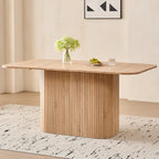 Modern rectangular dining table with slatted legs and light wood veining