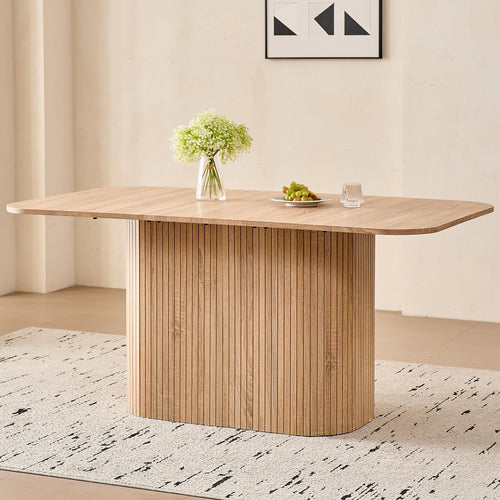 Modern rectangular dining table with slatted legs and light wood veining