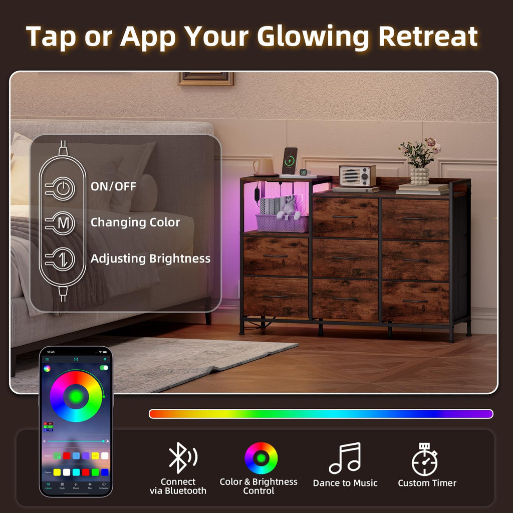 Somdot 8-Drawer Dresser with Charging Station and LED Light