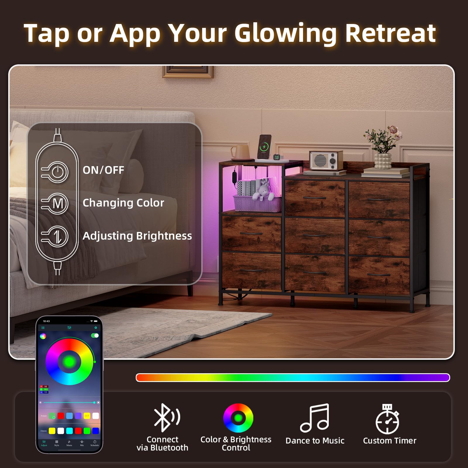 Somdot 8-Drawer Dresser with Charging Station and LED Light