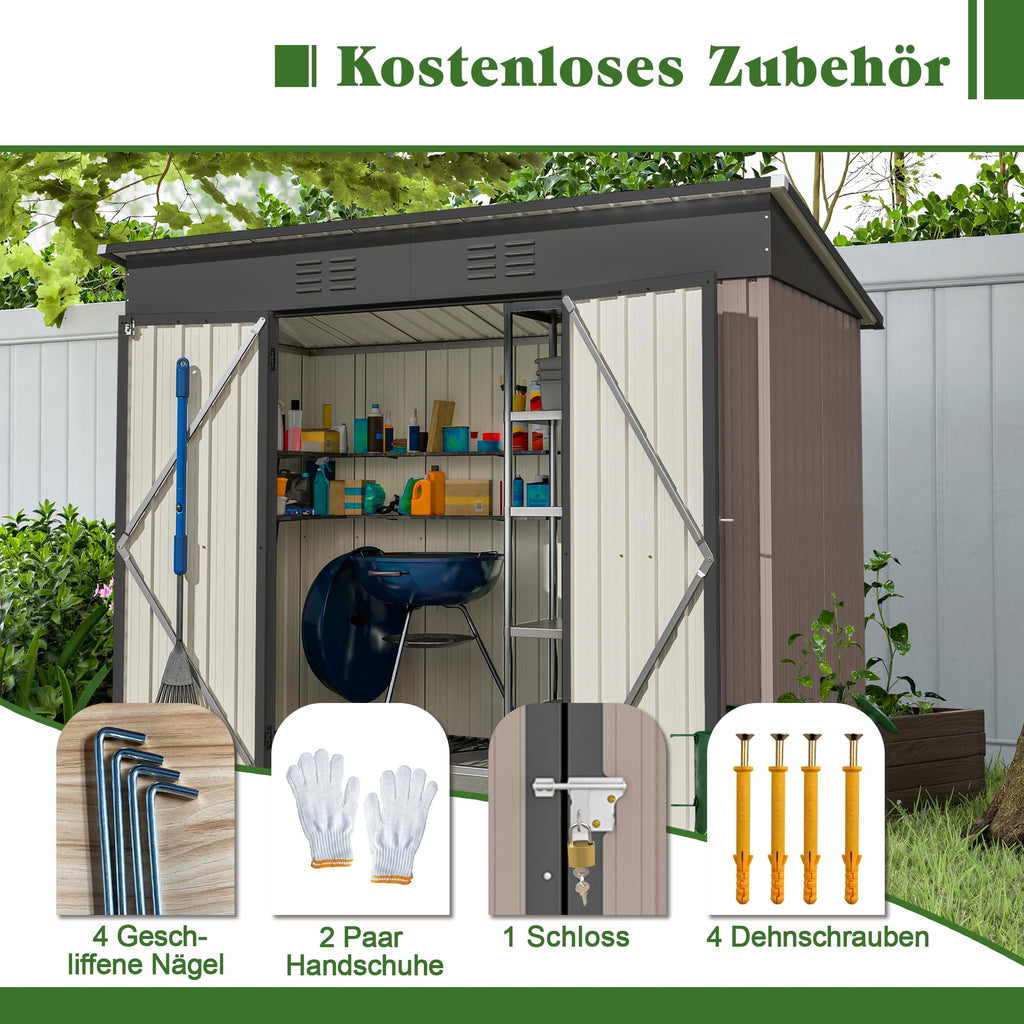 Metal Garden Shed with Sloped Roof and Tool Storage Cabinet