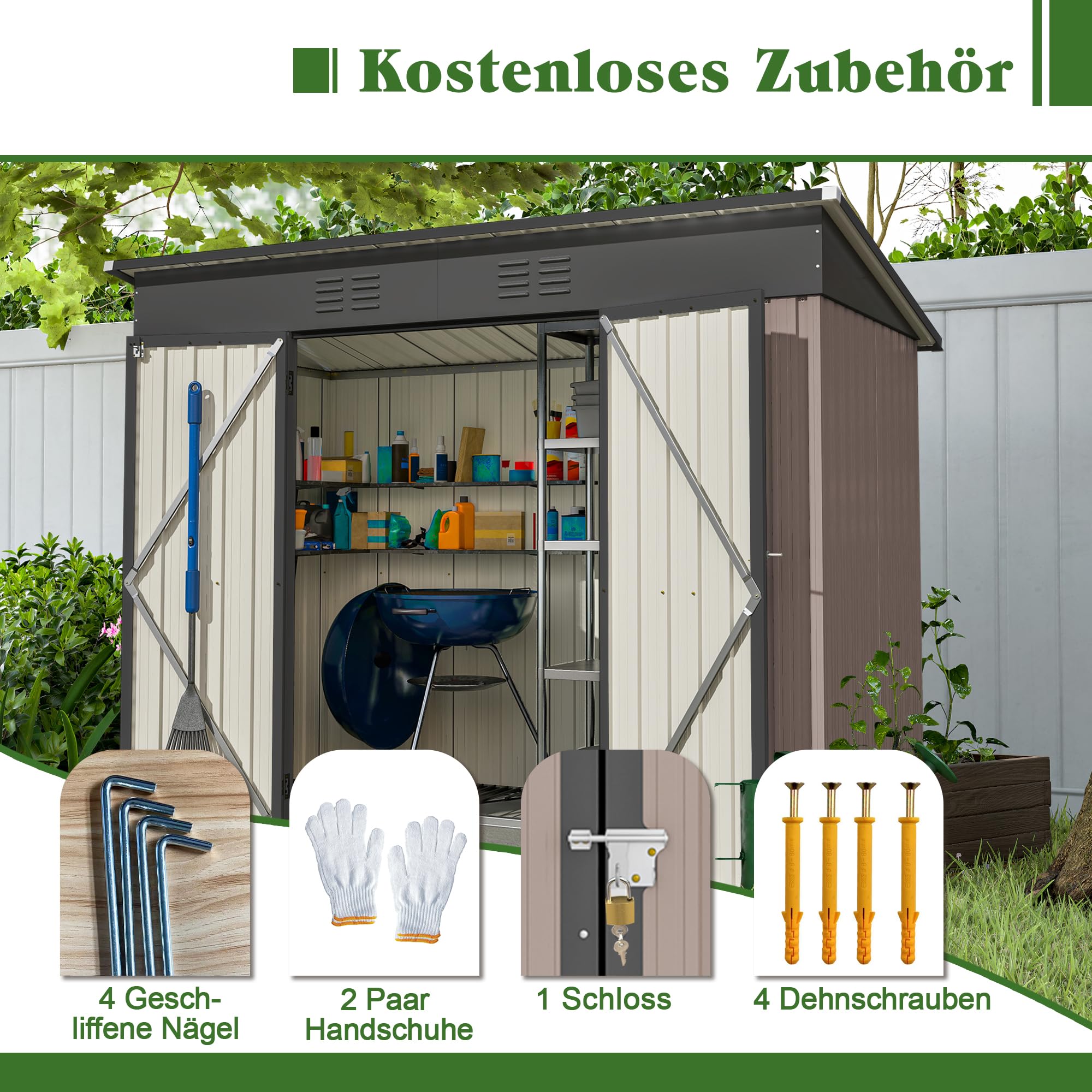 Metal Garden Shed with Sloped Roof and Tool Storage Cabinet