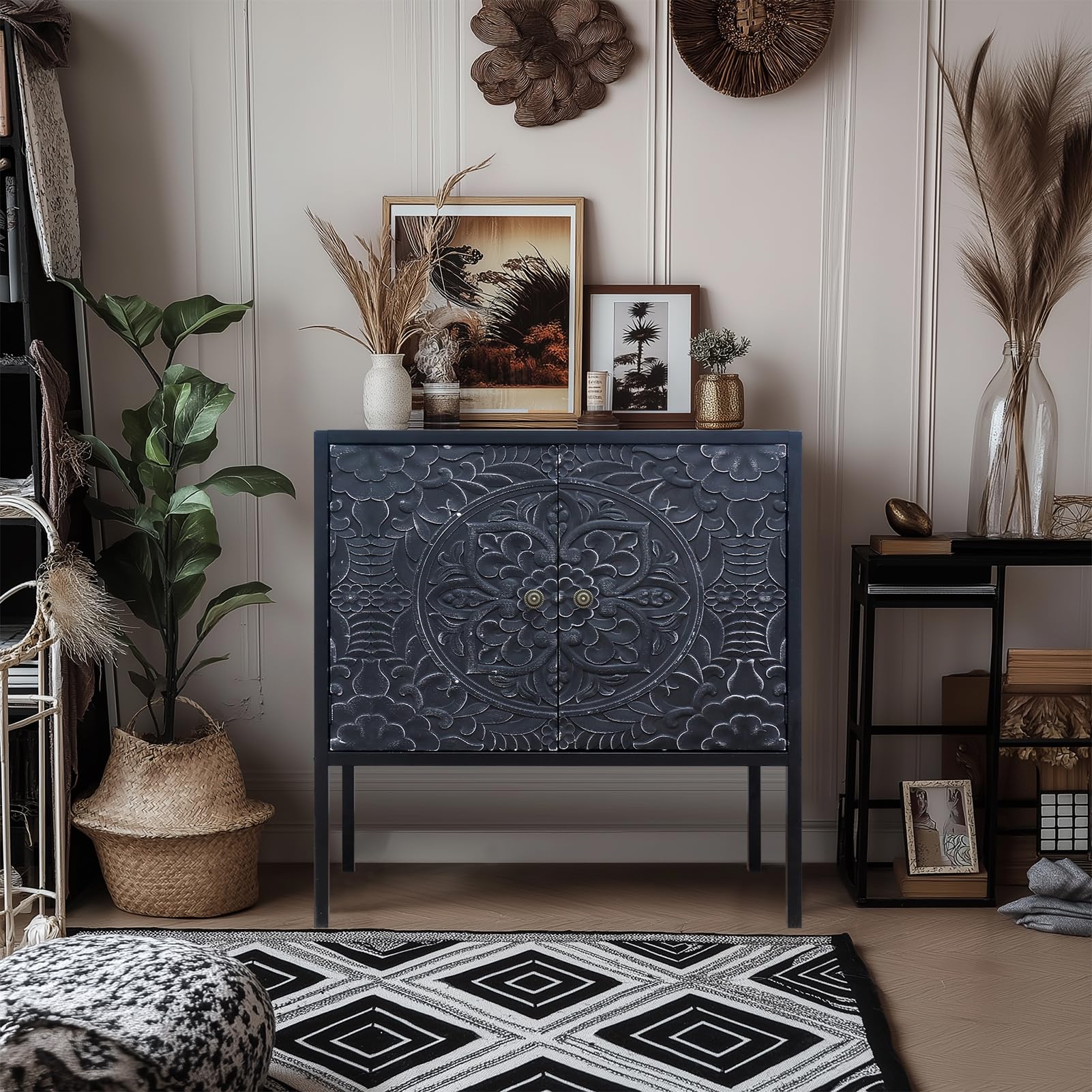 Growsun Vintage Carved Storage Cabinet - Handcrafted Wood Accent Cabinet